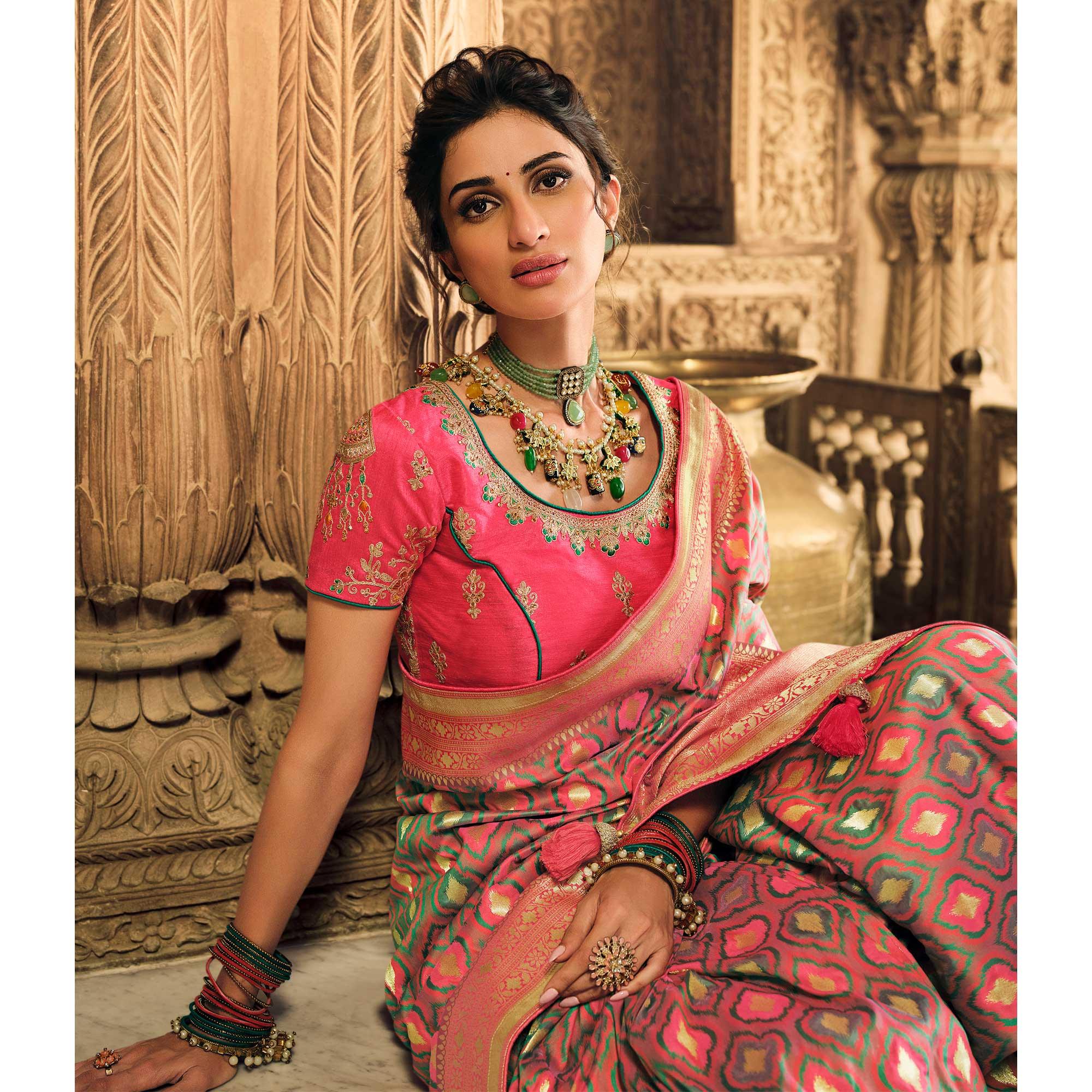 Green Festive Wear Woven Silk Saree - Peachmode