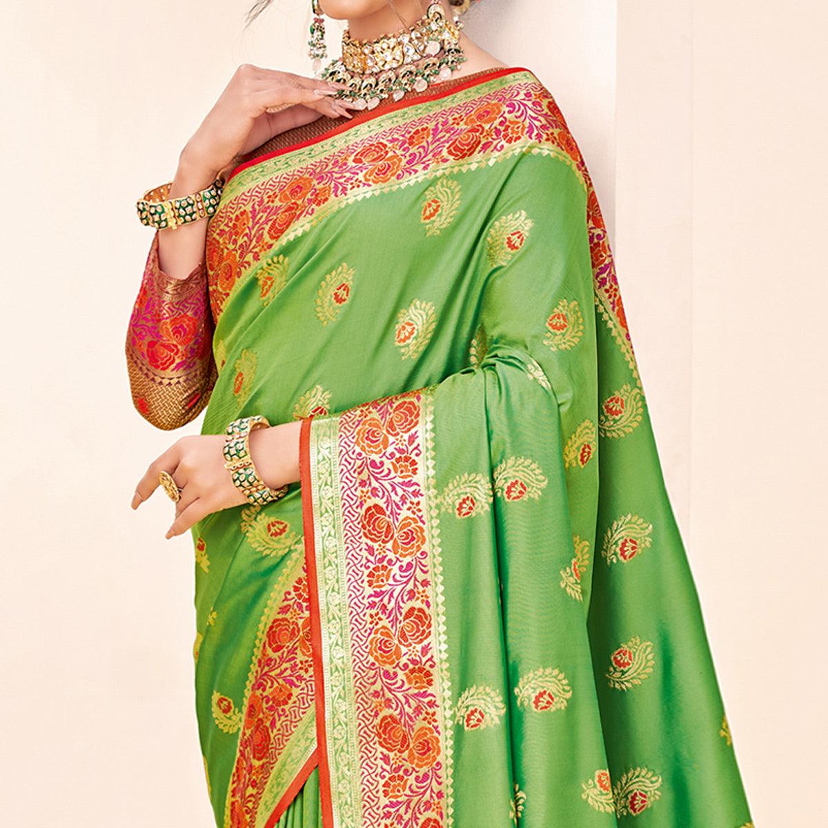 Green Festive Wear Woven Silk Saree - Peachmode