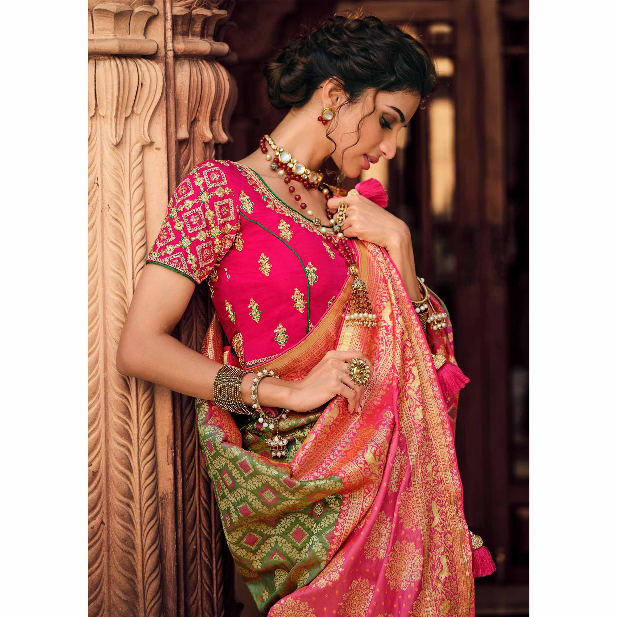 Green Festive Wear Woven Silk Saree - Peachmode