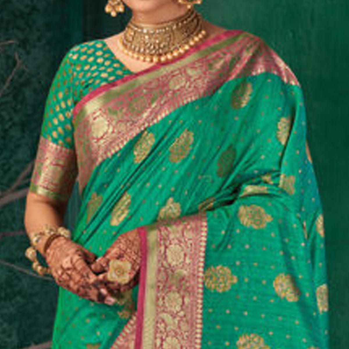 Green Festive Wear Woven Silk Saree - Peachmode