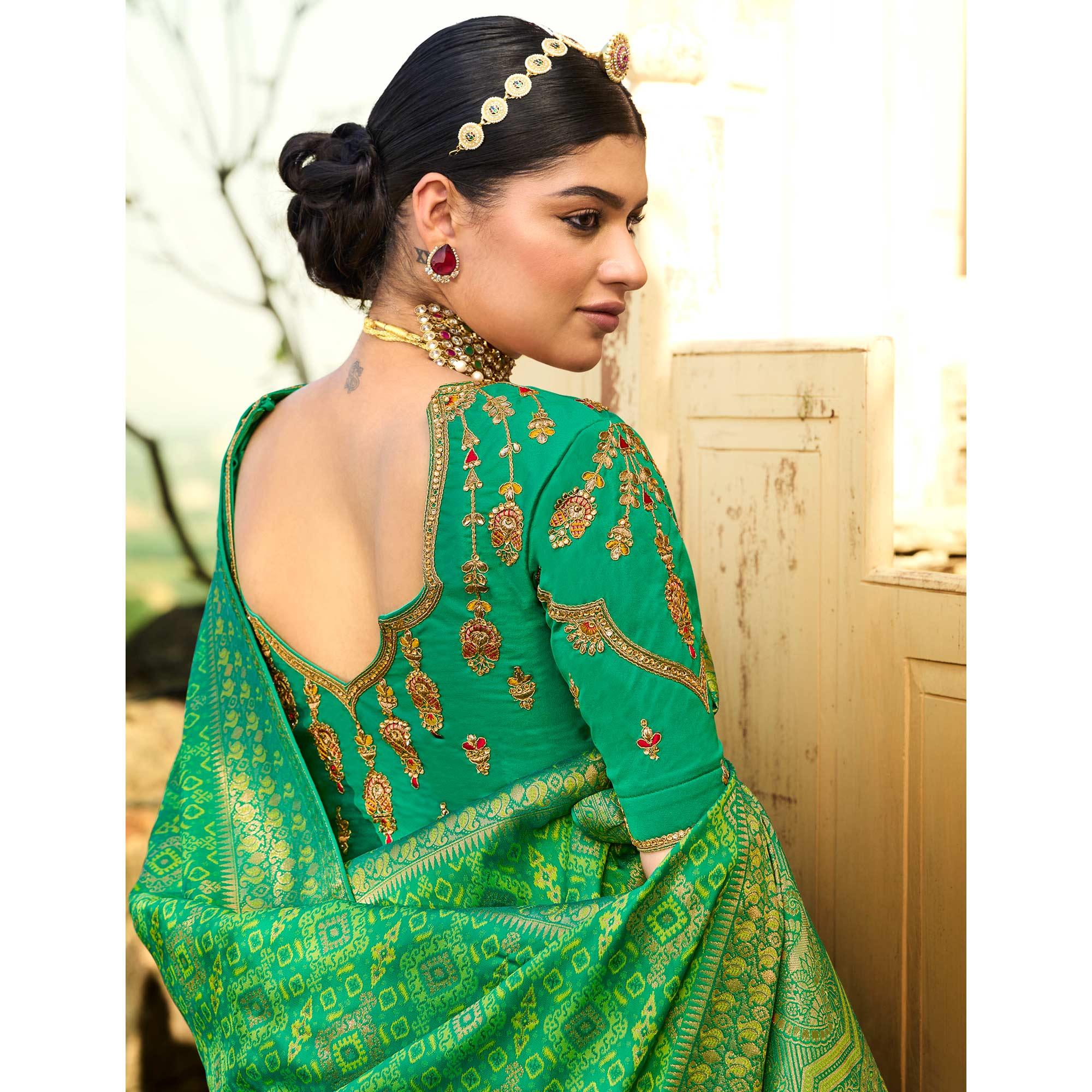 Green Festive Wear Woven Silk Saree - Peachmode