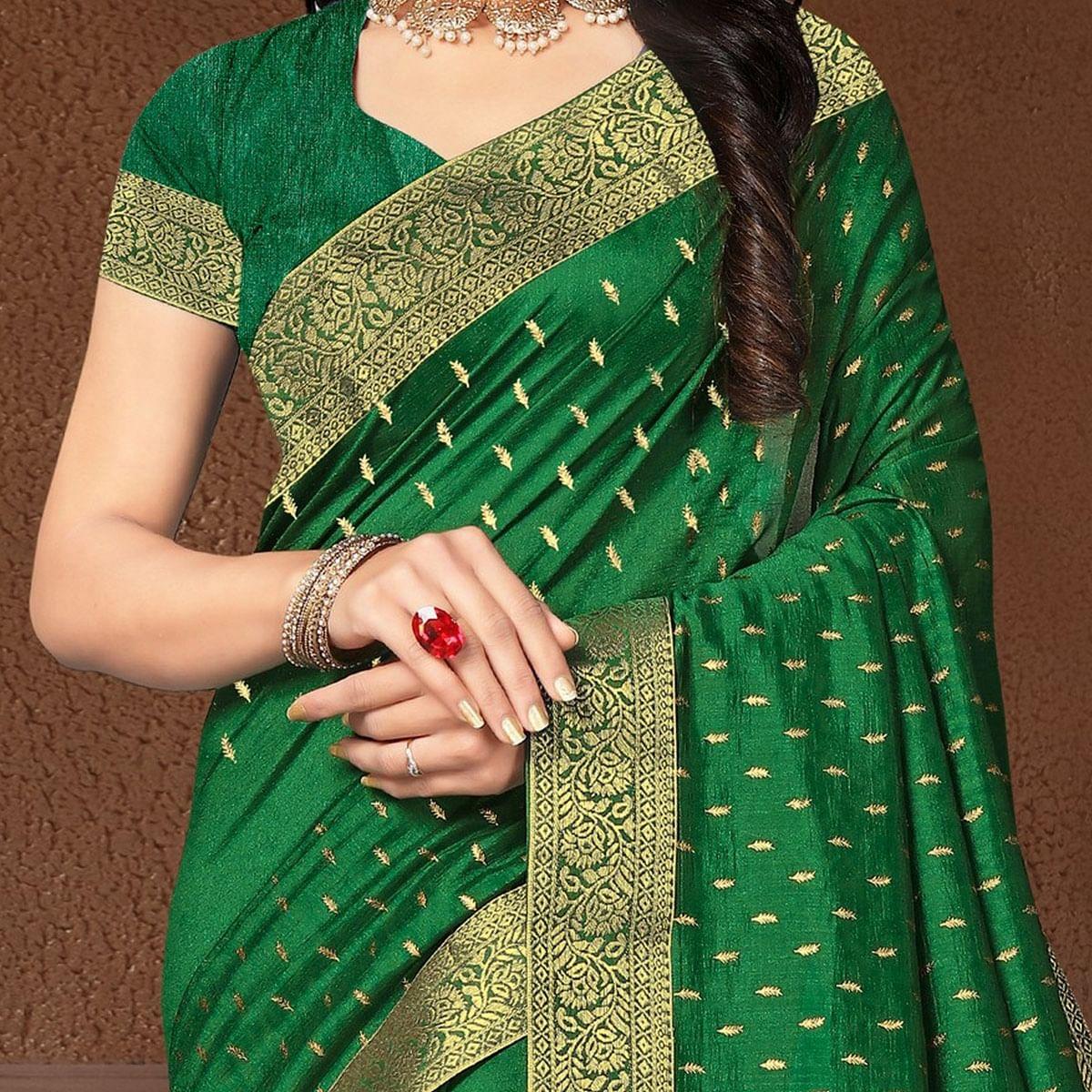 Green Festive Wear Woven Silk Saree - Peachmode