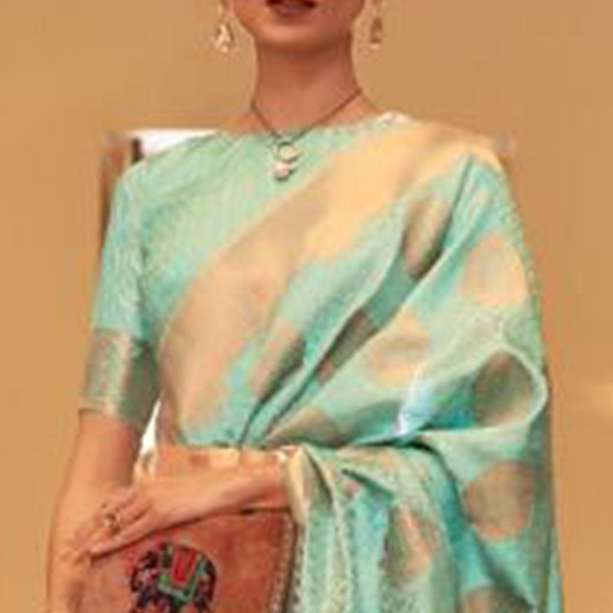 Green Festive Wear Woven Silk Saree - Peachmode