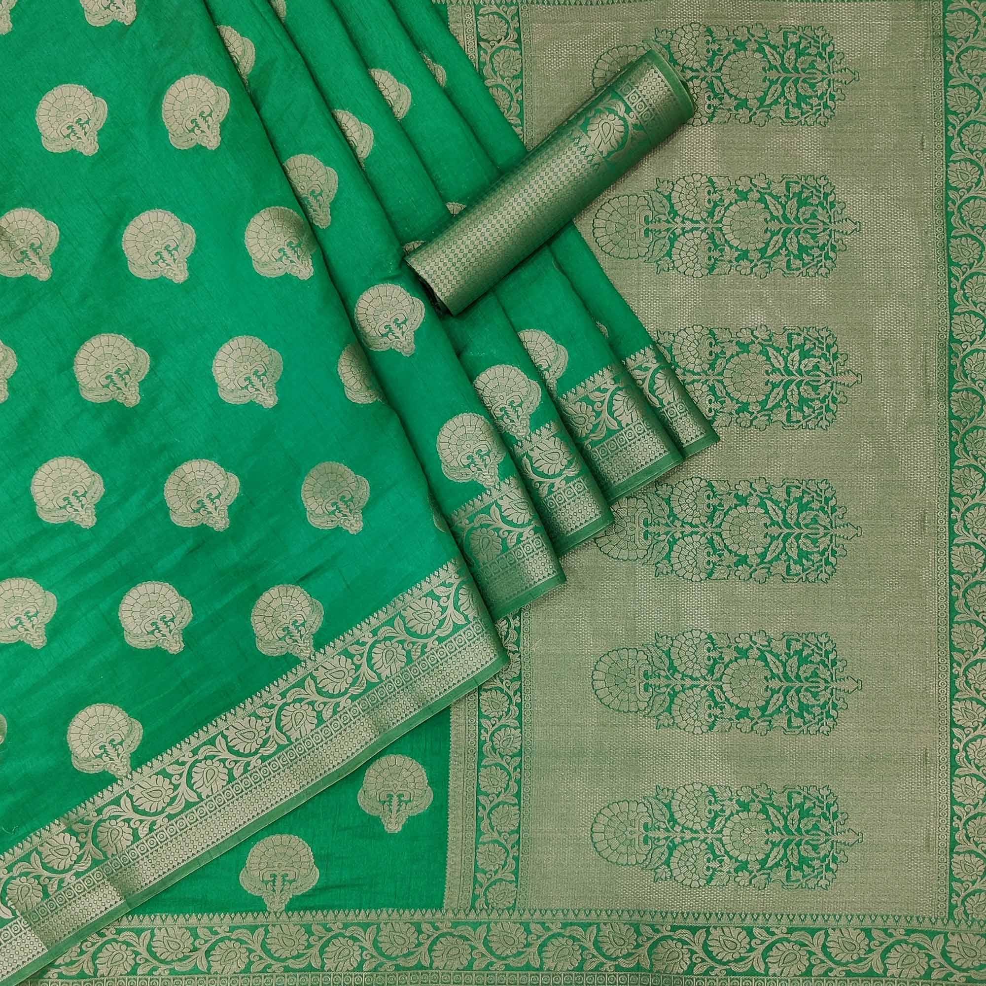Green Festive Wear Woven Silk Saree - Peachmode