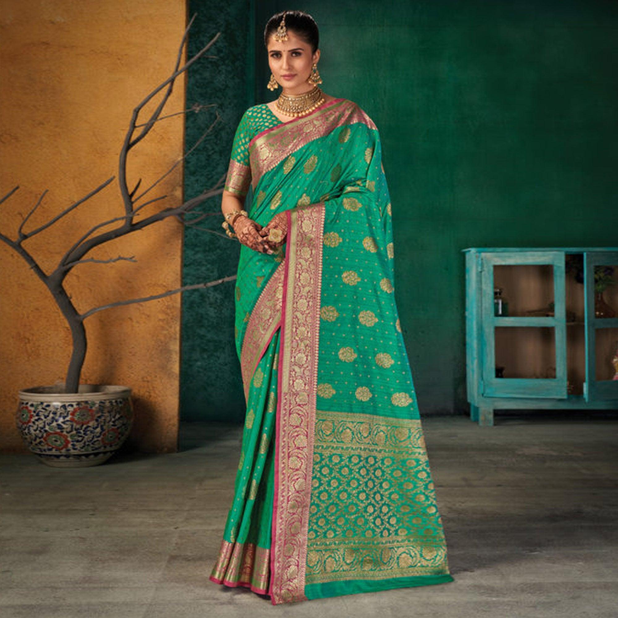 Green Festive Wear Woven Silk Saree - Peachmode