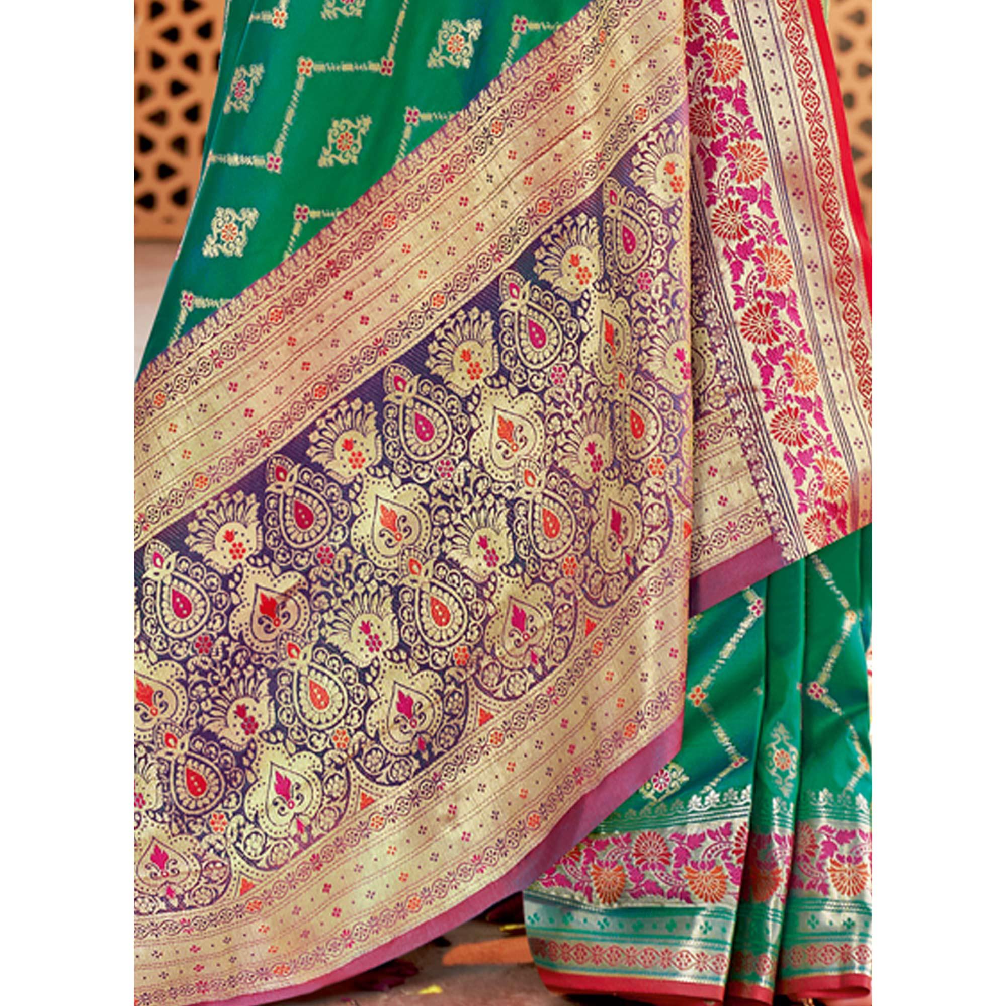 Green Festive Wear Woven Silk Saree - Peachmode