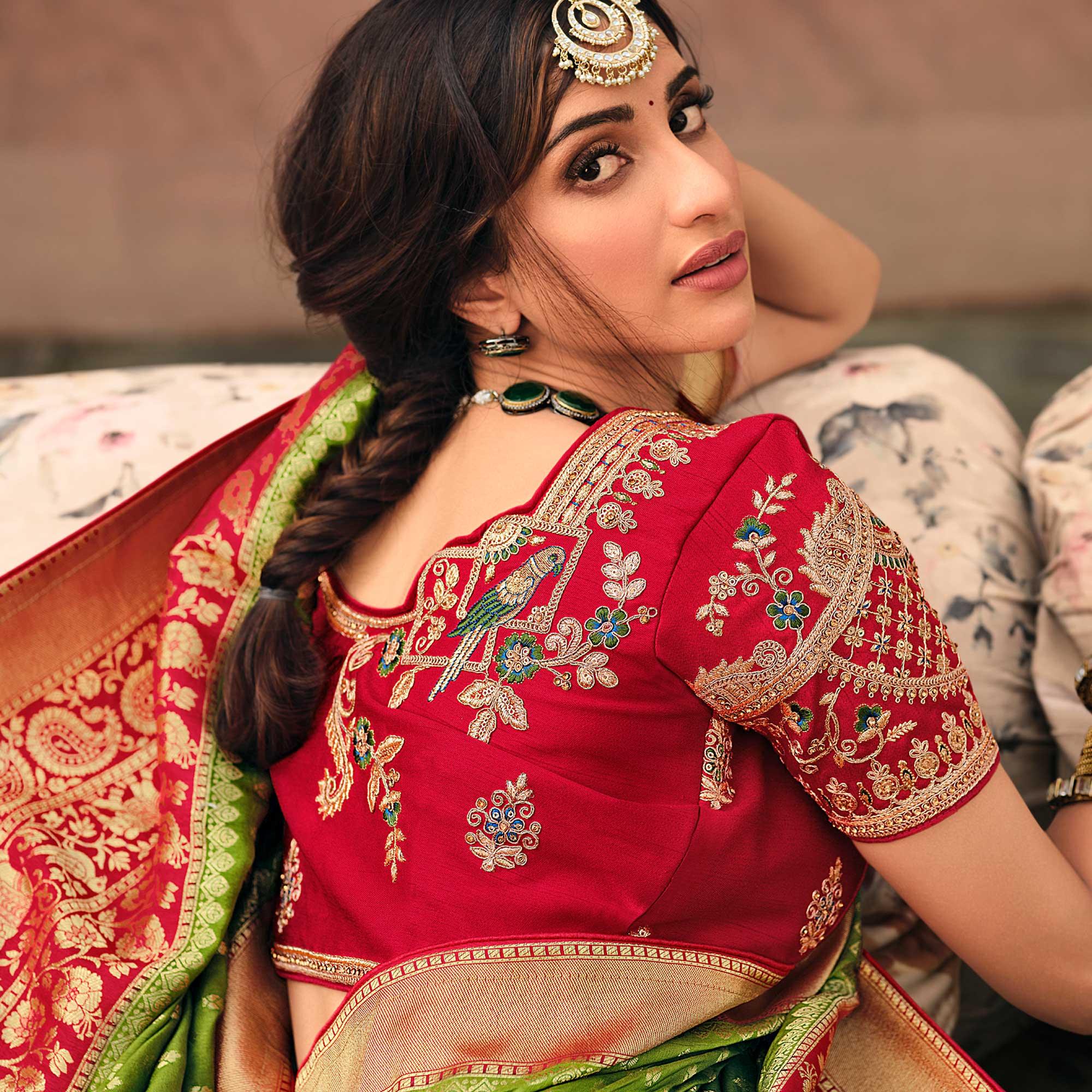 Green Festive Wear Woven Silk Saree - Peachmode