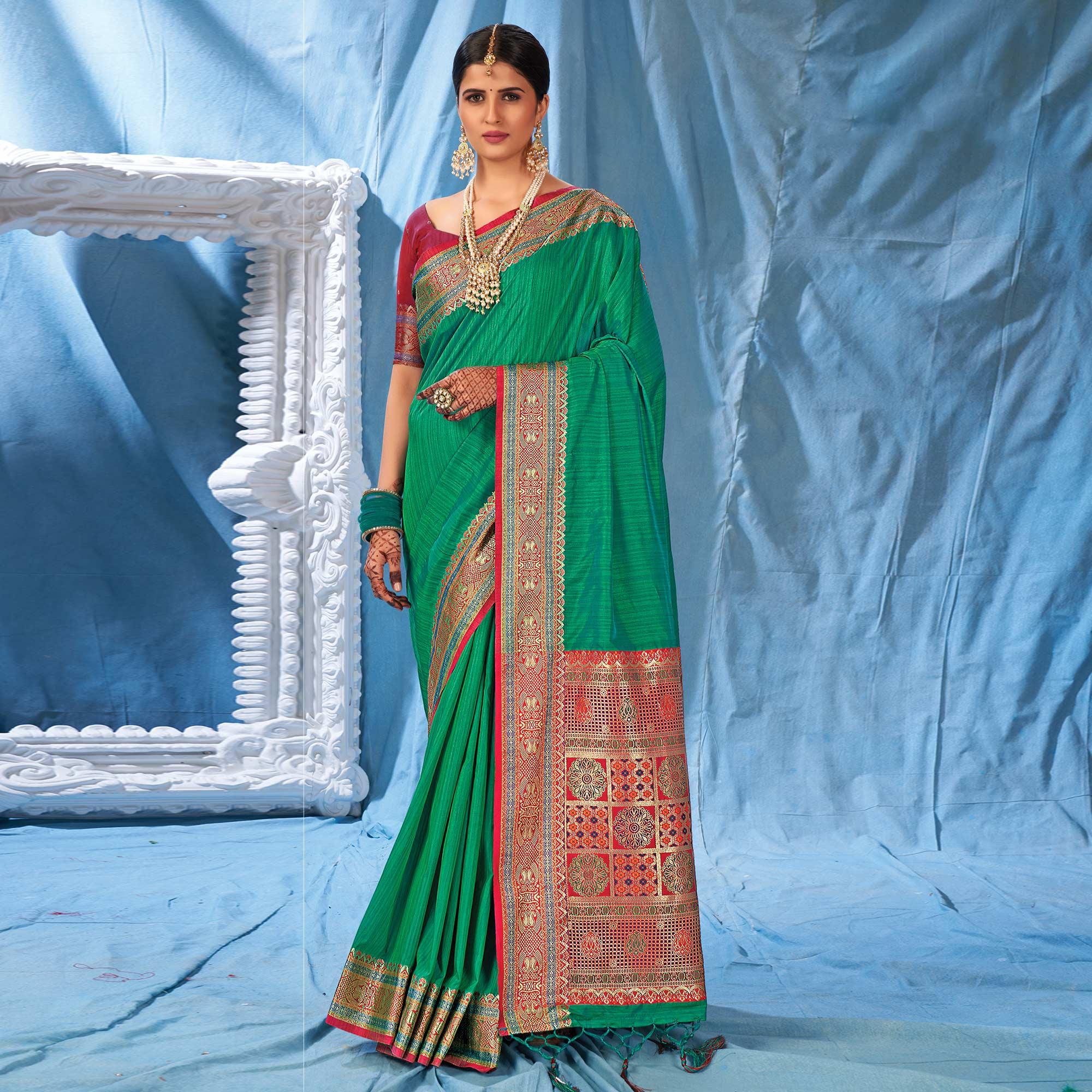 Green Festive Wear Woven Silk Saree - Peachmode