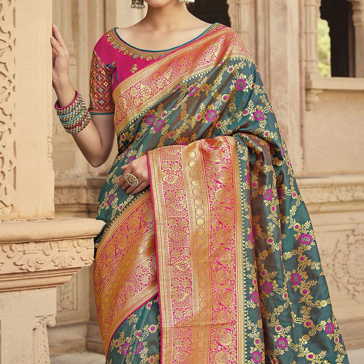 Green Festive Wear Woven Silk Saree - Peachmode