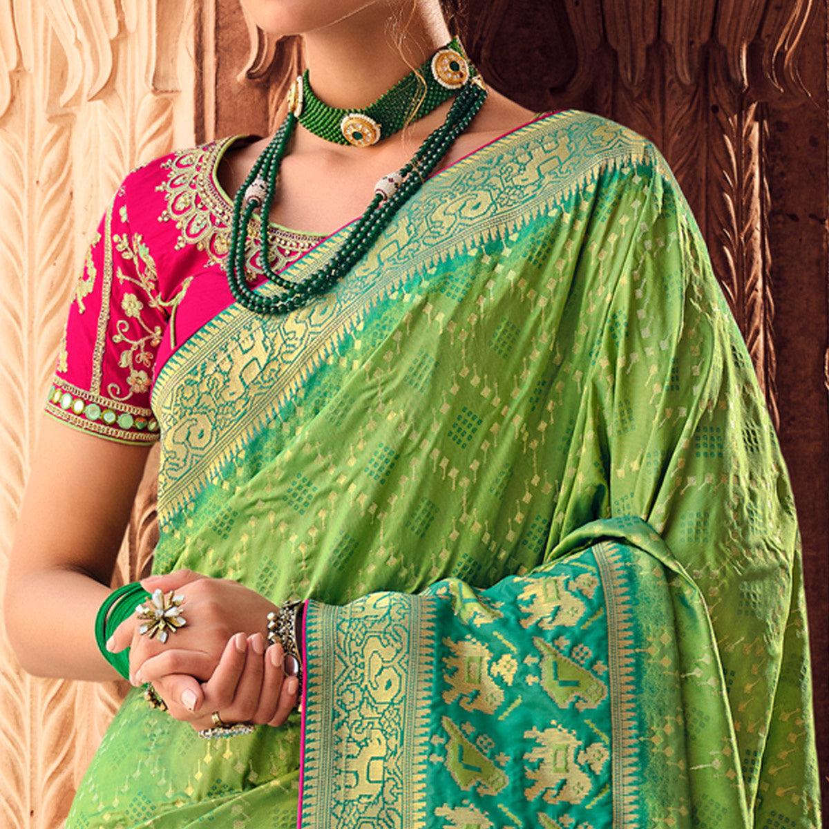 Green Festive Wear Woven Silk Saree - Peachmode