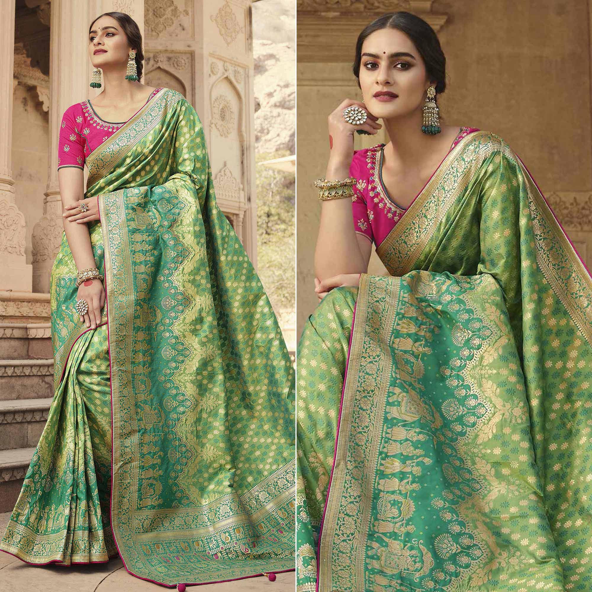 Green Festive Wear Woven Silk Saree - Peachmode
