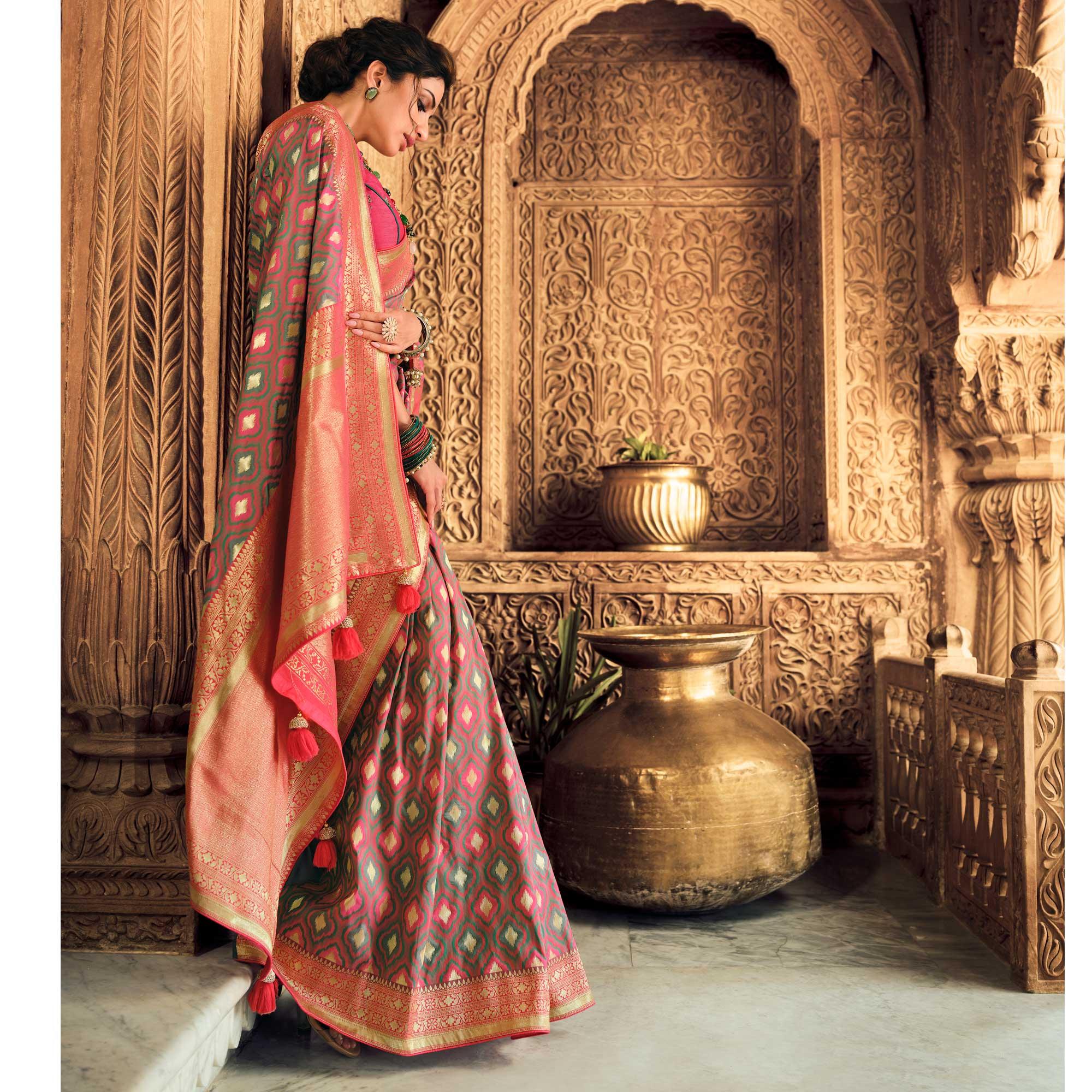 Green Festive Wear Woven Silk Saree - Peachmode