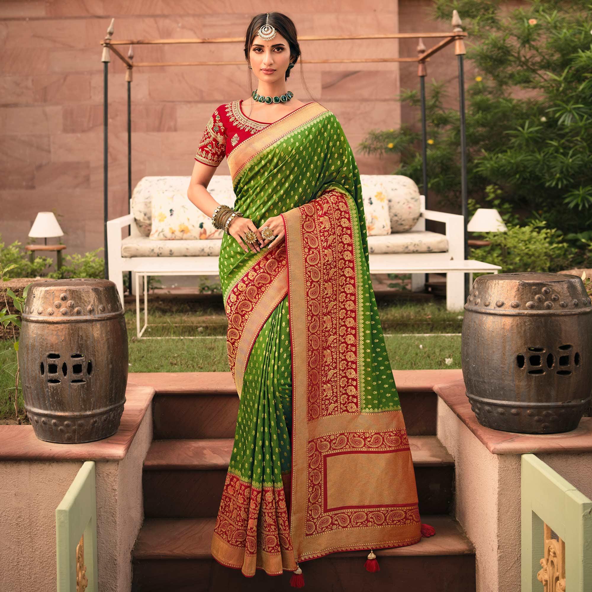 Green Festive Wear Woven Silk Saree - Peachmode