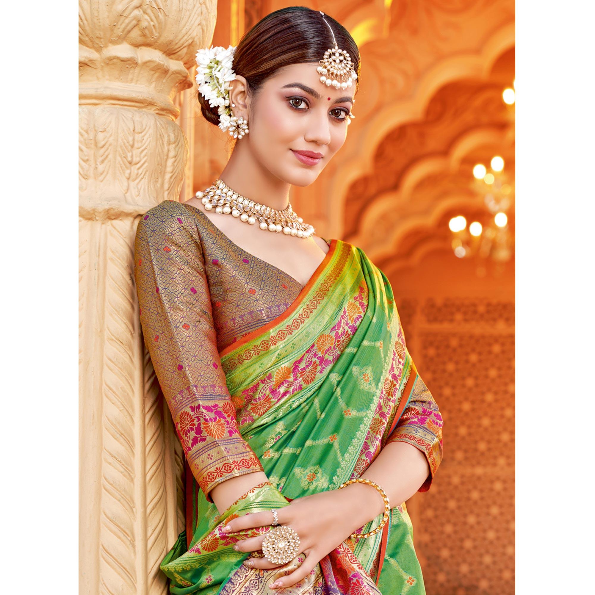 Green Festive Wear Woven Silk Saree - Peachmode
