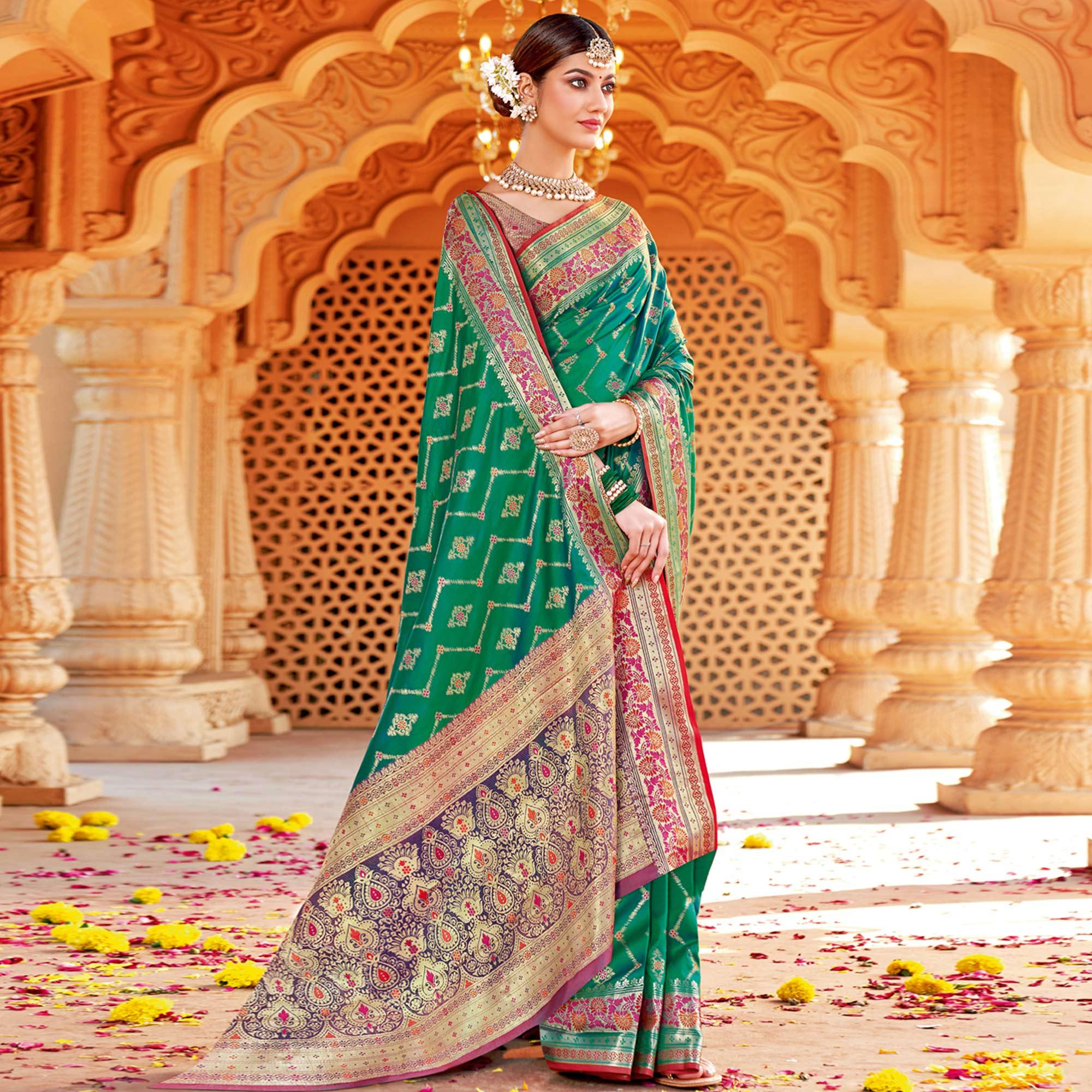 Green Festive Wear Woven Silk Saree - Peachmode