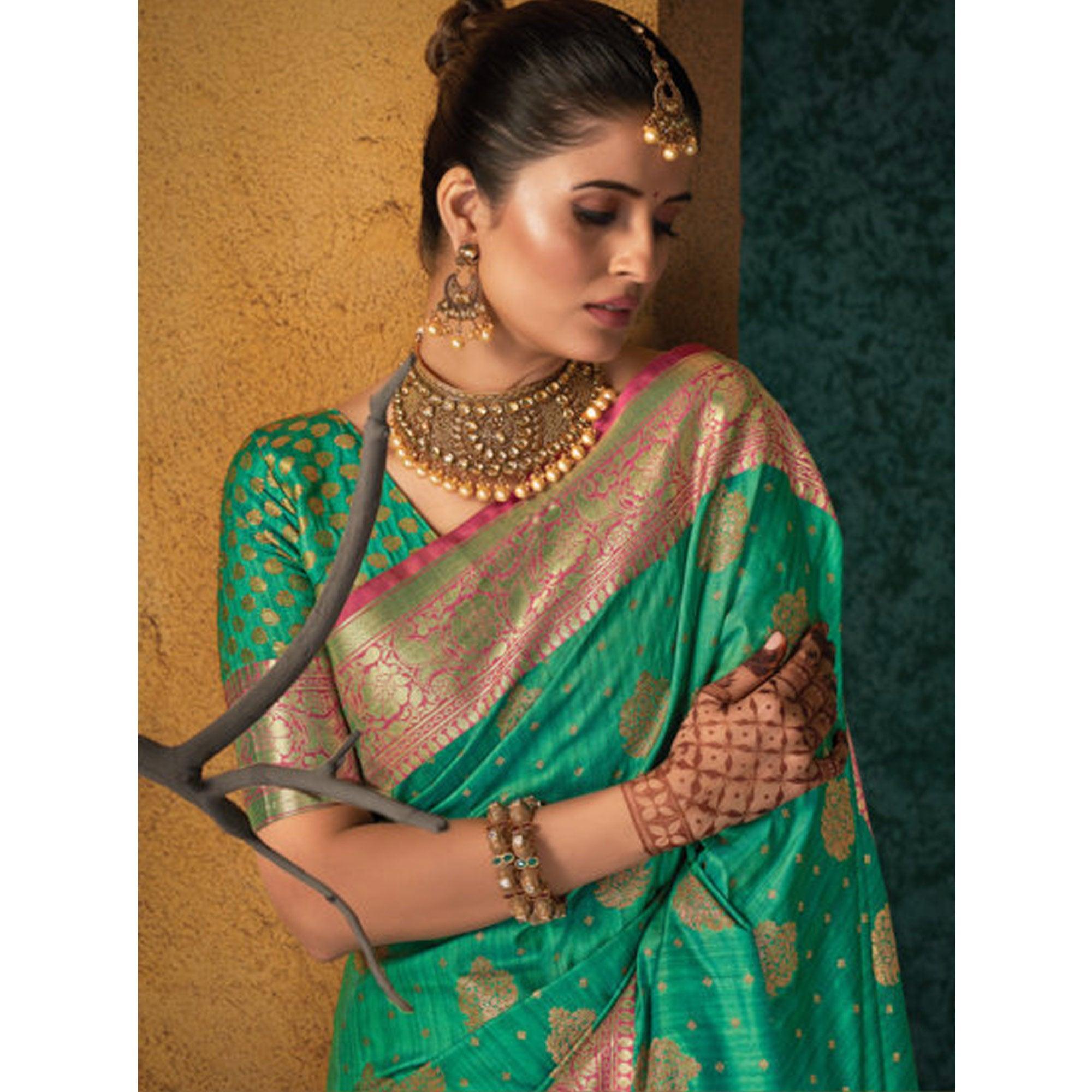 Green Festive Wear Woven Silk Saree - Peachmode