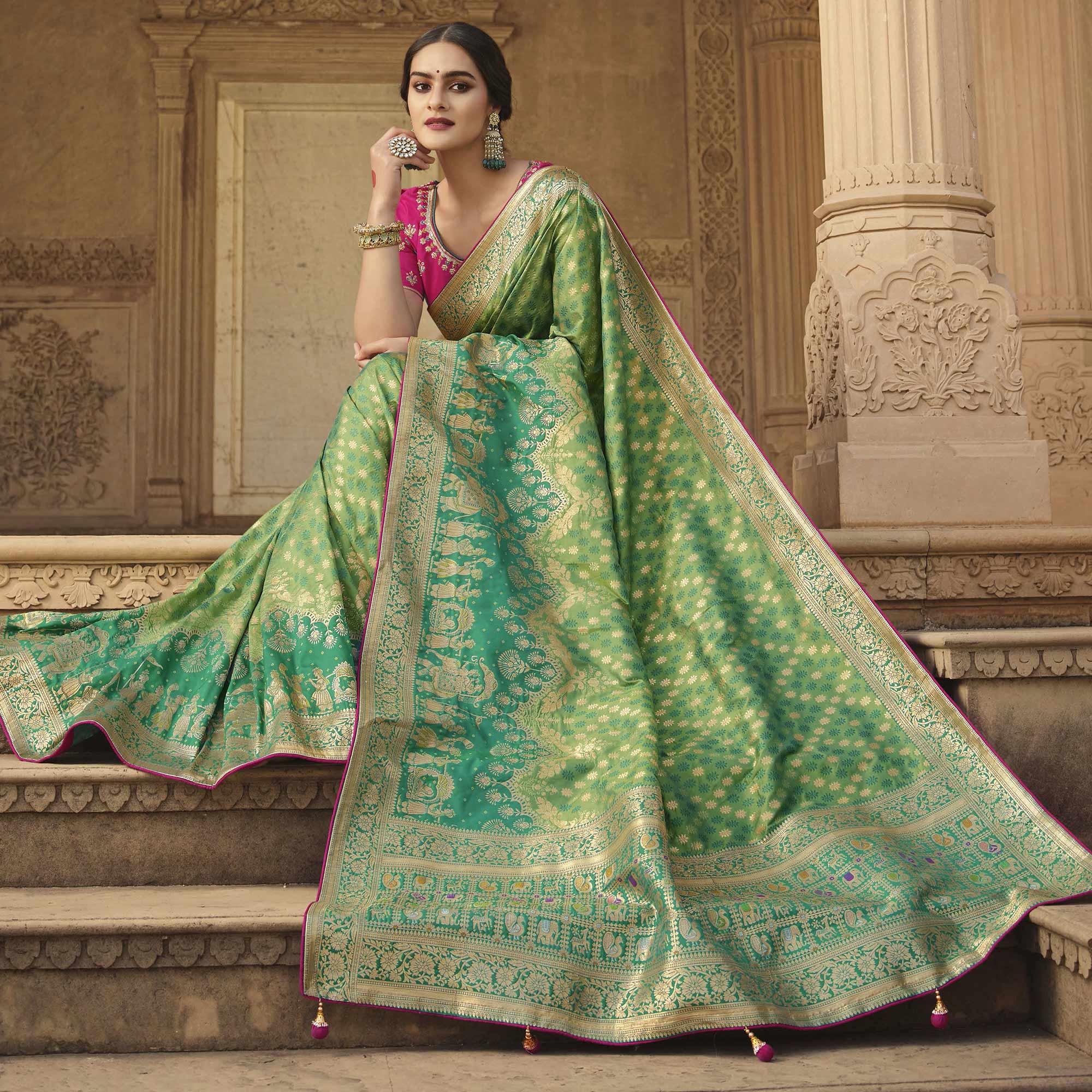 Green Festive Wear Woven Silk Saree - Peachmode