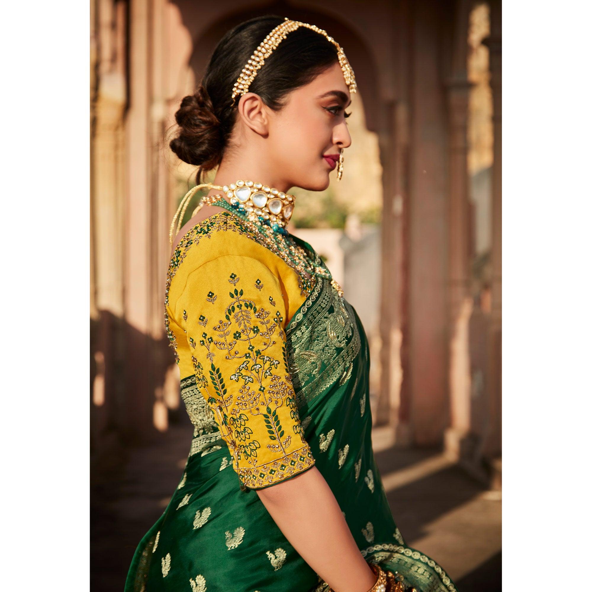 Green Festive Wear Woven Silk Saree - Peachmode