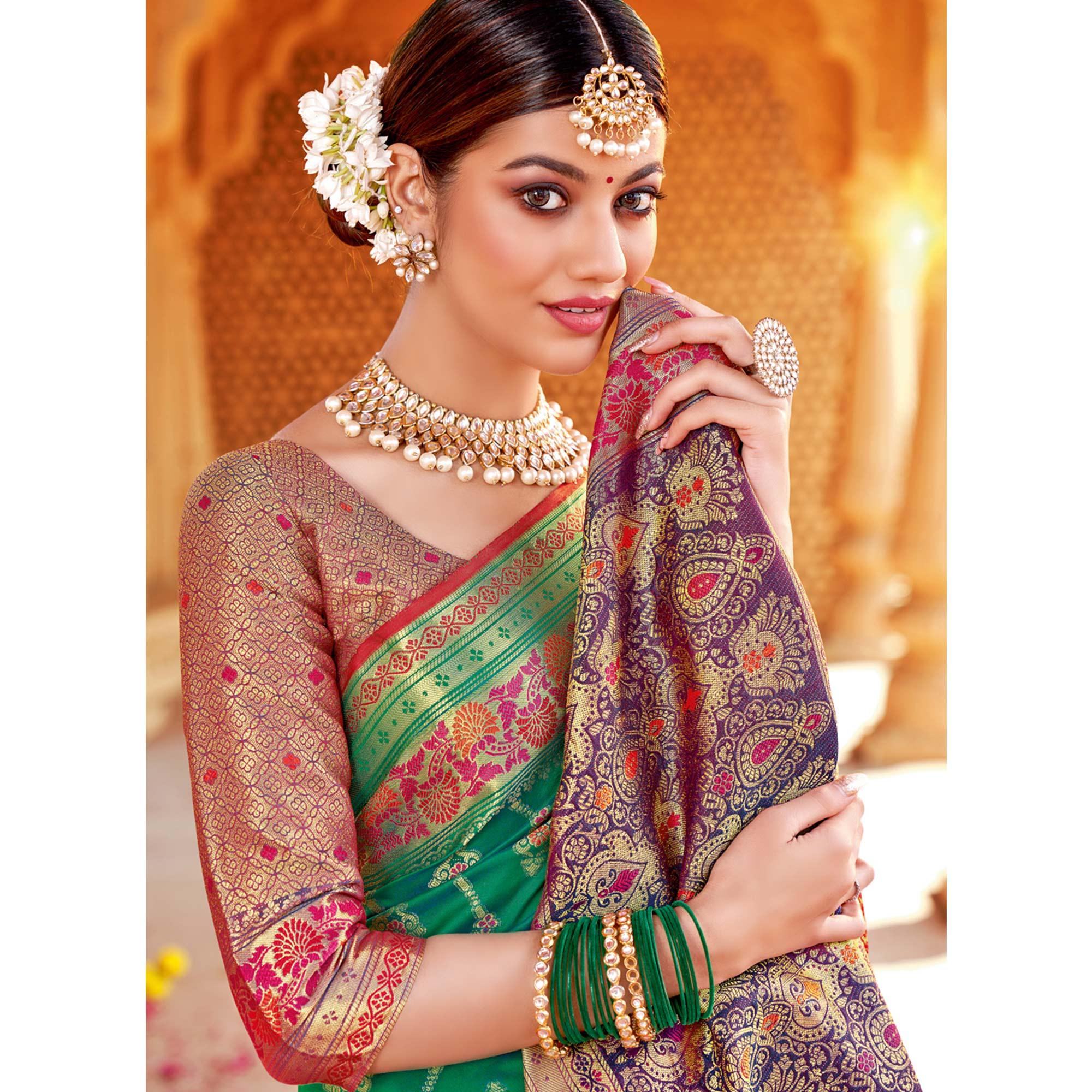Green Festive Wear Woven Silk Saree - Peachmode