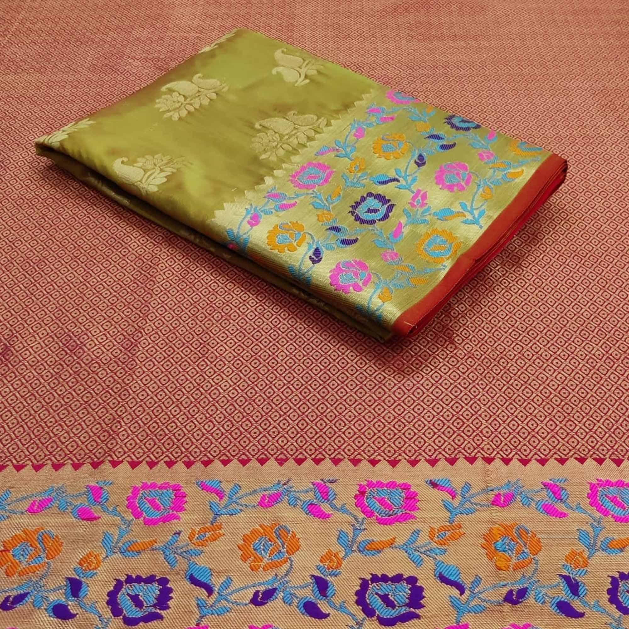 Green Festive Wear Woven Silk Saree With Border - Peachmode