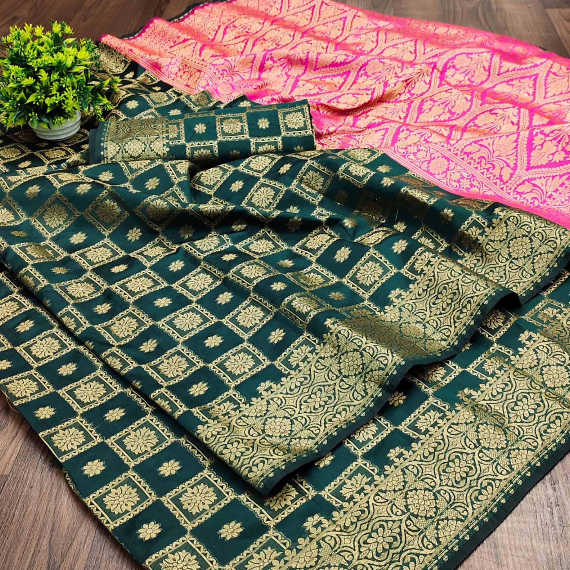 Green Festive Wear Woven Silk Saree With Border - Peachmode