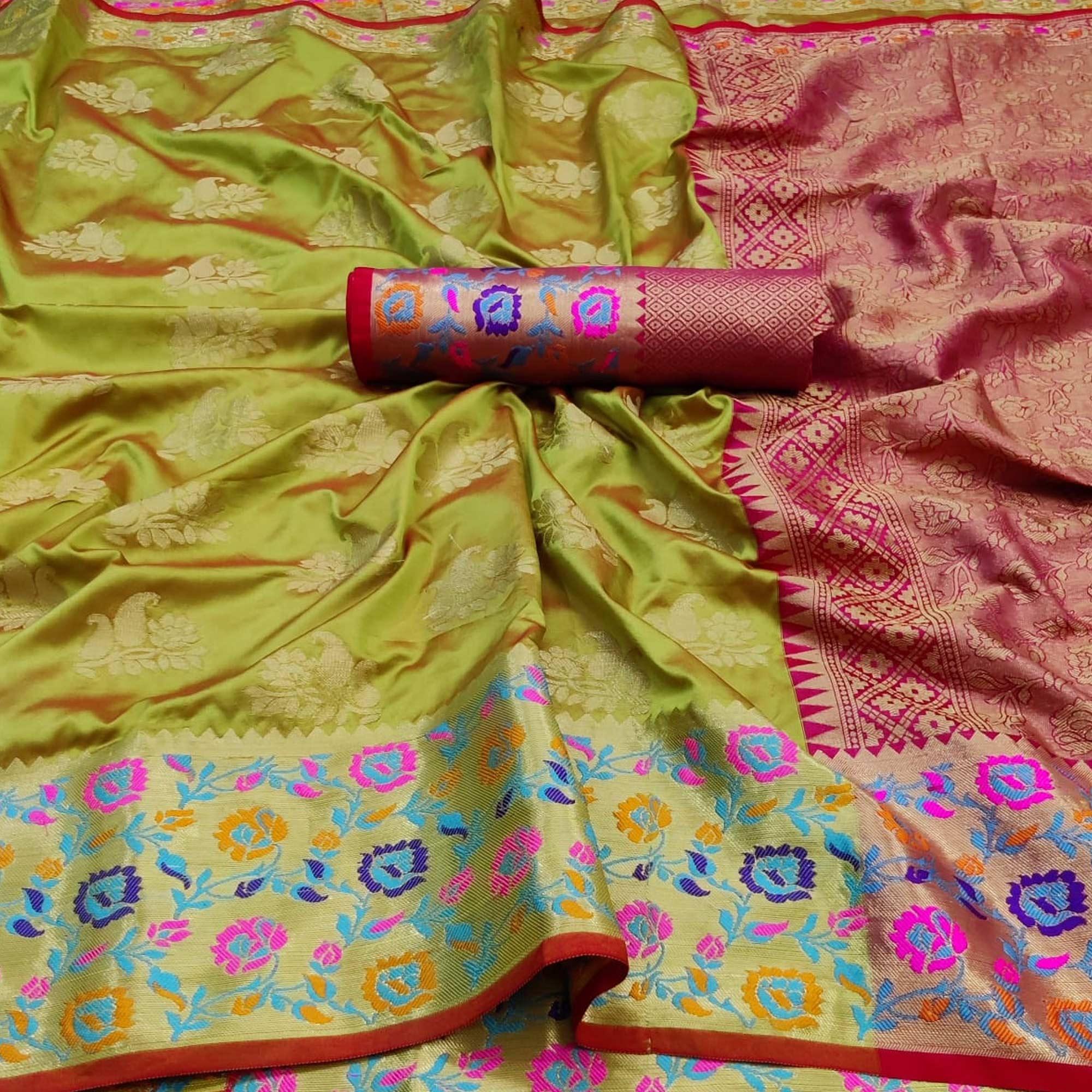 Green Festive Wear Woven Silk Saree With Border - Peachmode