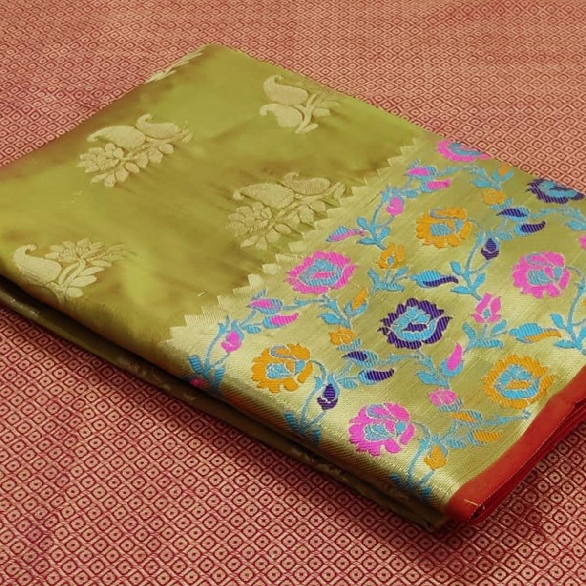 Green Festive Wear Woven Silk Saree With Border - Peachmode
