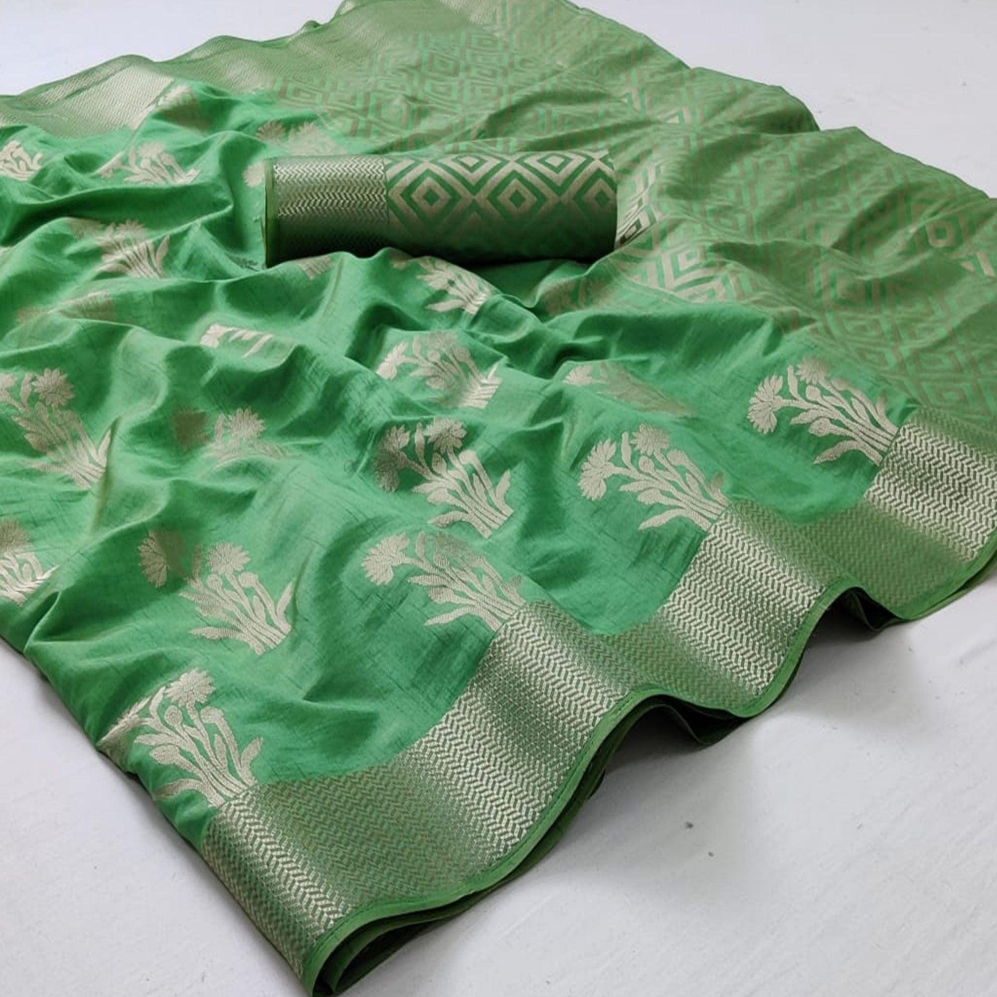Green Festive Wear Woven Silk Saree With Butta Pallu - Peachmode