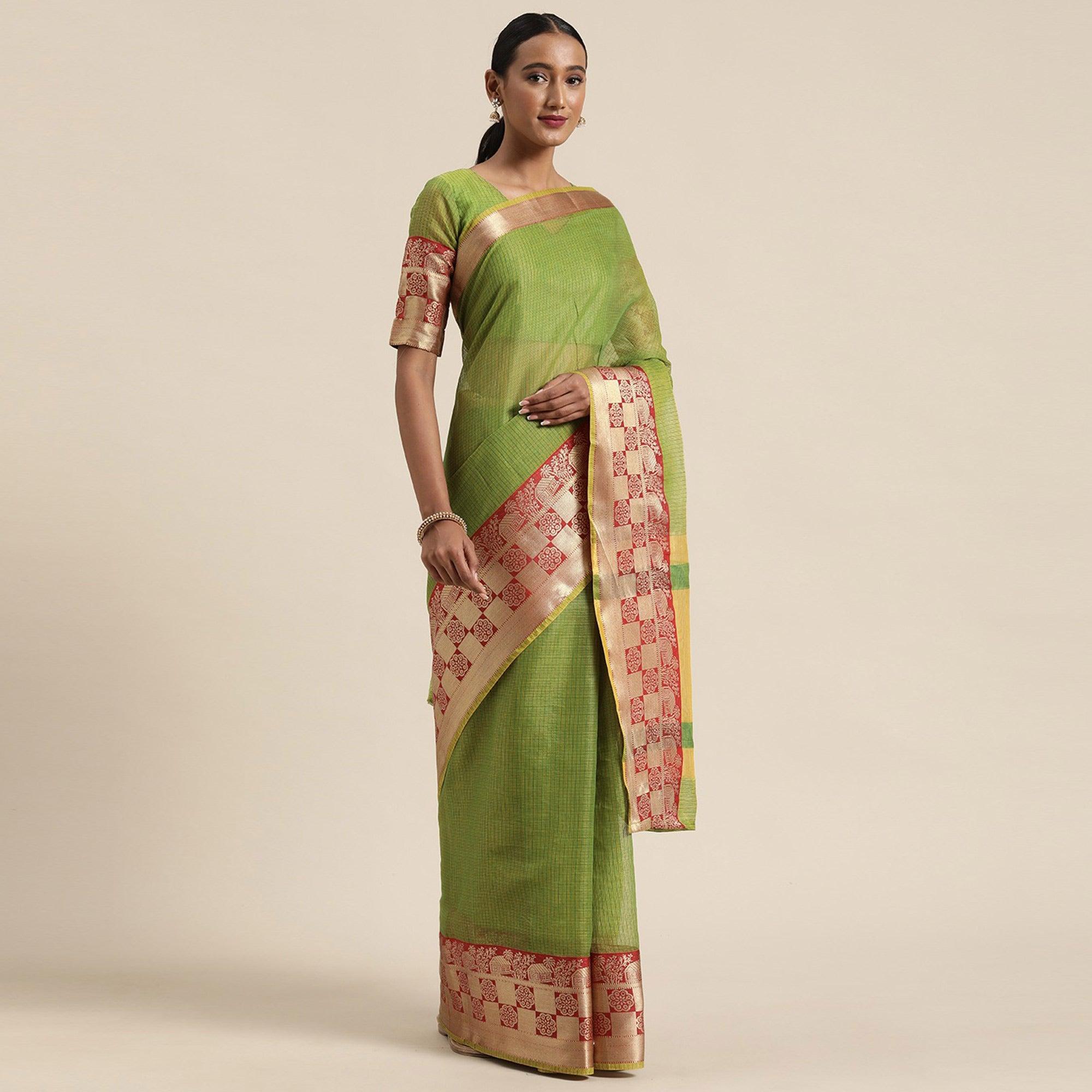 Green Festive Wear Woven Silk Saree With Jacquard Border - Peachmode
