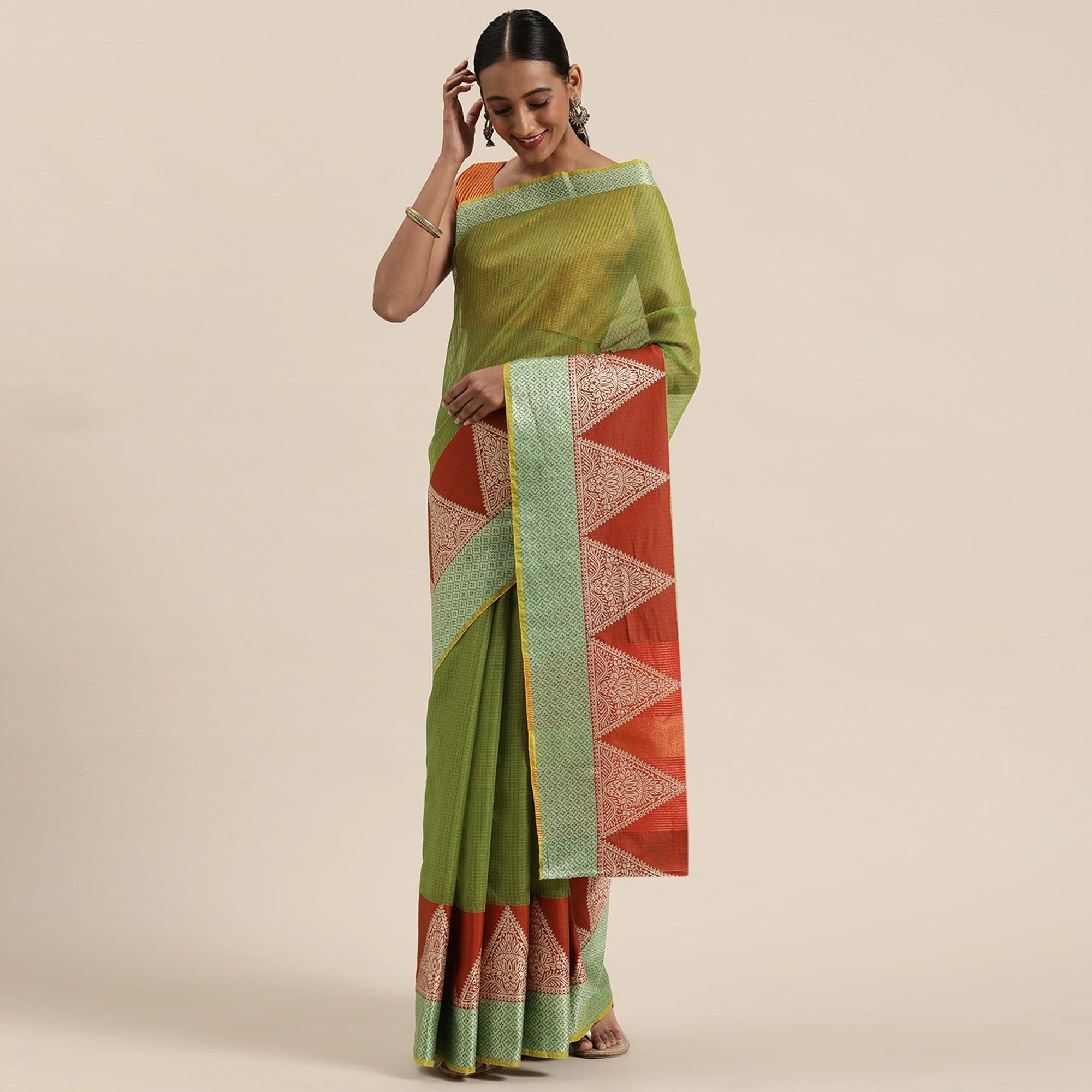 Green Festive Wear Woven Silk Saree With Jacquard Border - Peachmode