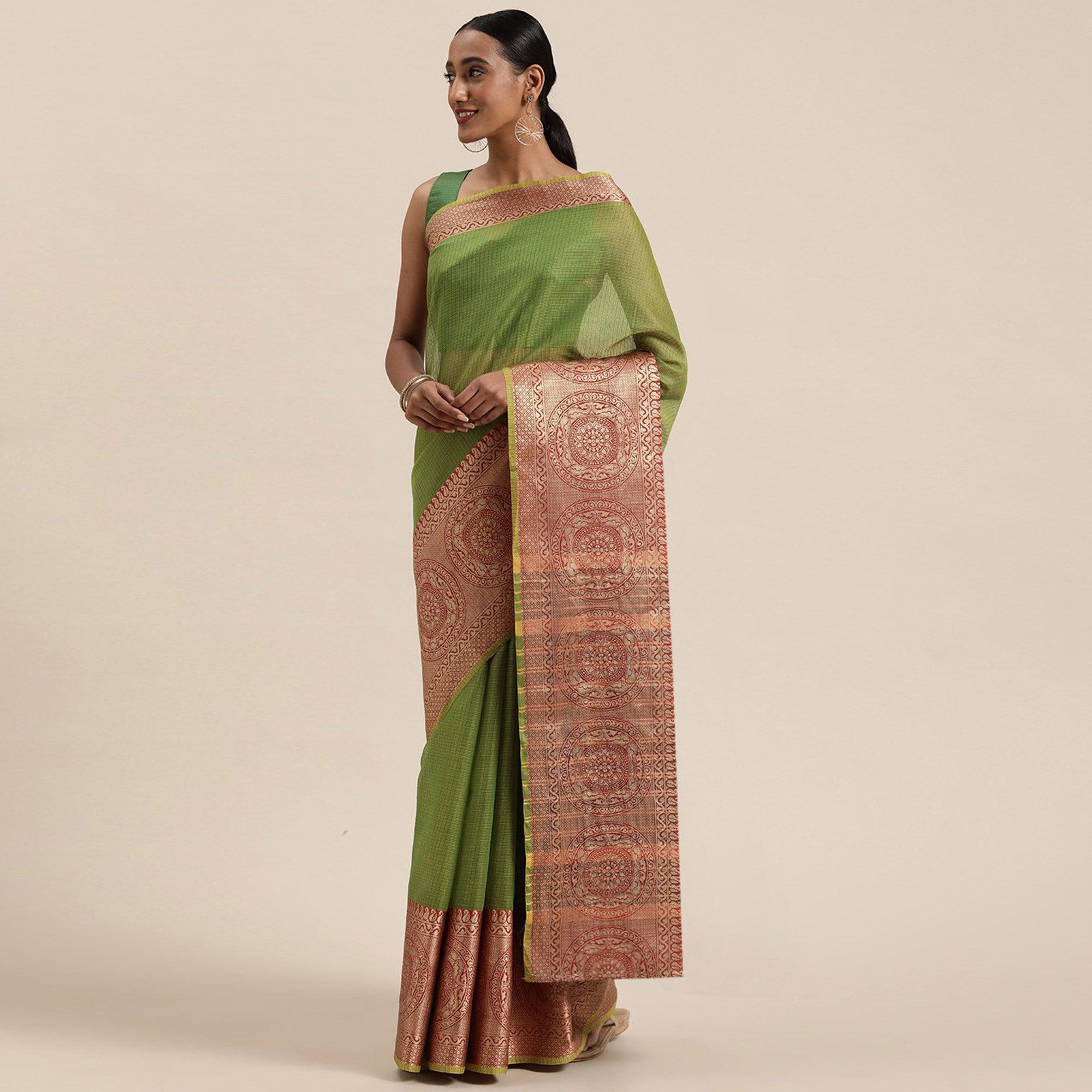Green Festive Wear Woven Silk Saree With Jacquard Border - Peachmode