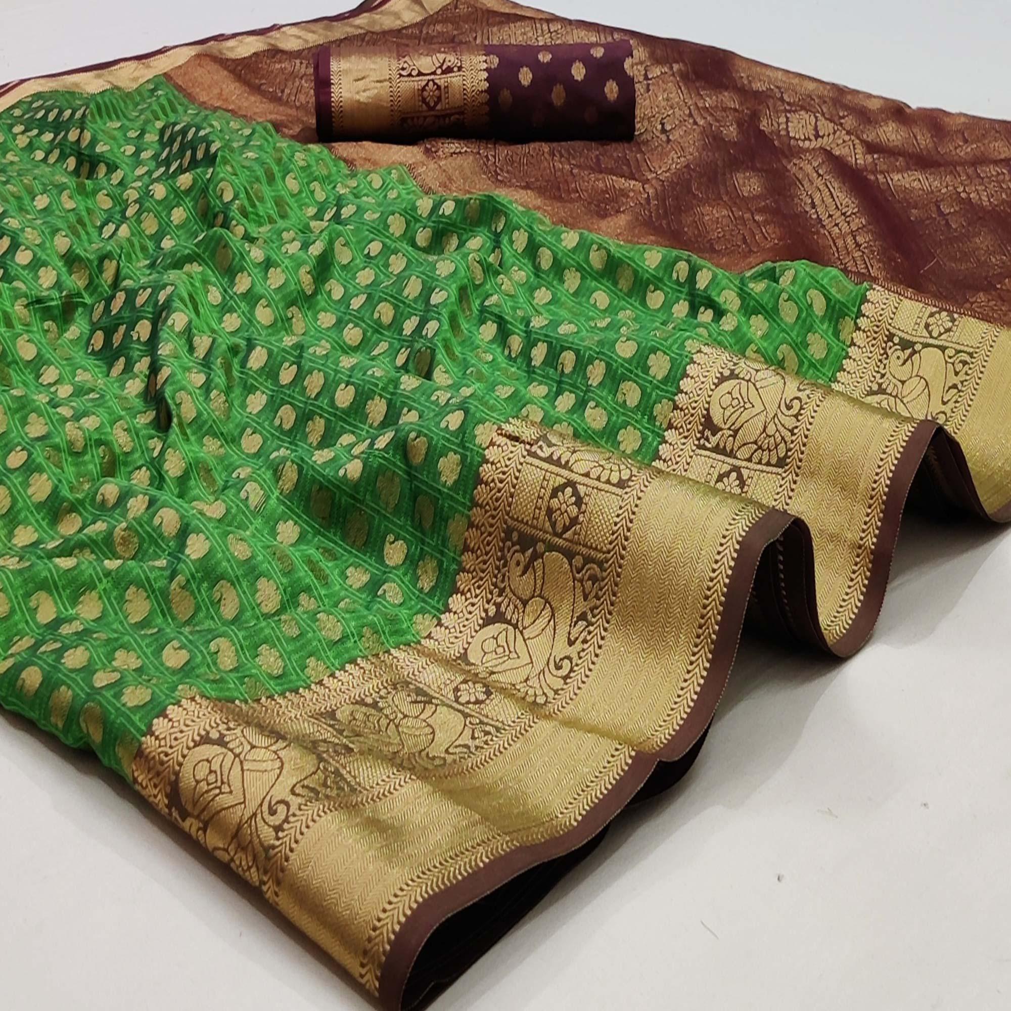 Green Festive Wear Woven Silk Saree With Jacquard Border - Peachmode