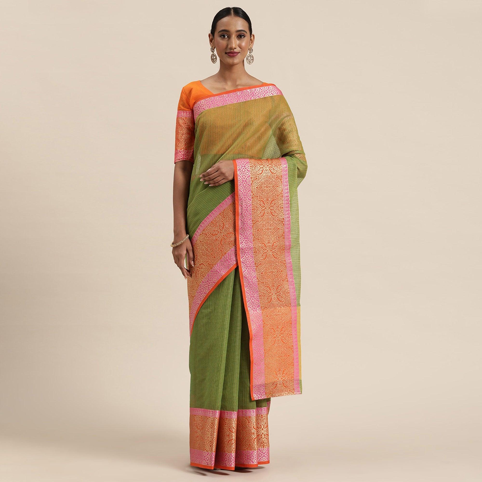 Green Festive Wear Woven Silk Saree With Jacquard Border - Peachmode