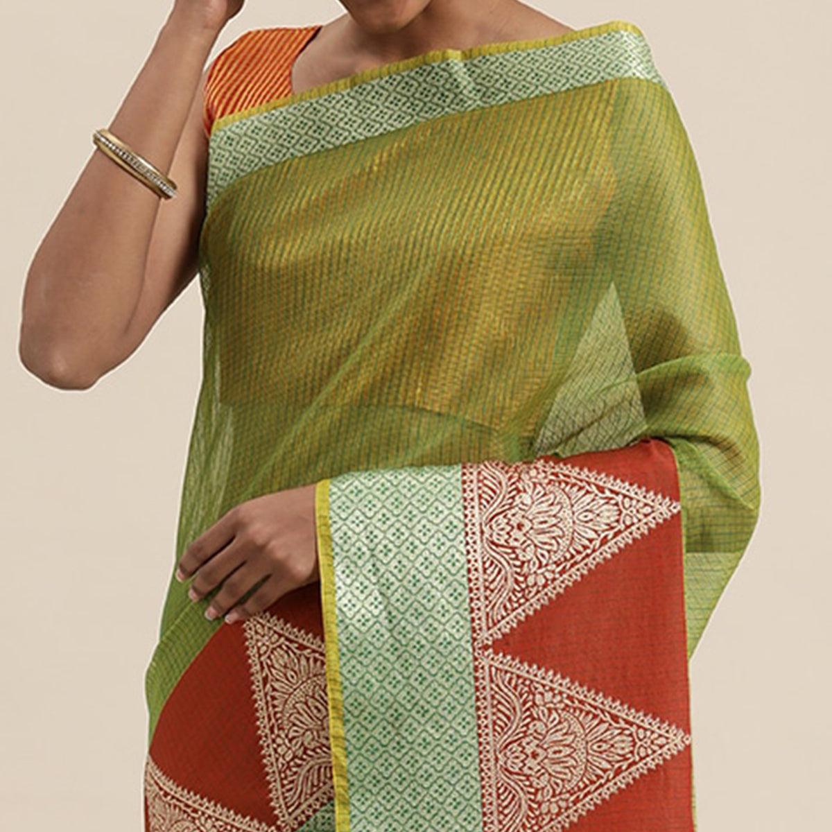 Green Festive Wear Woven Silk Saree With Jacquard Border - Peachmode