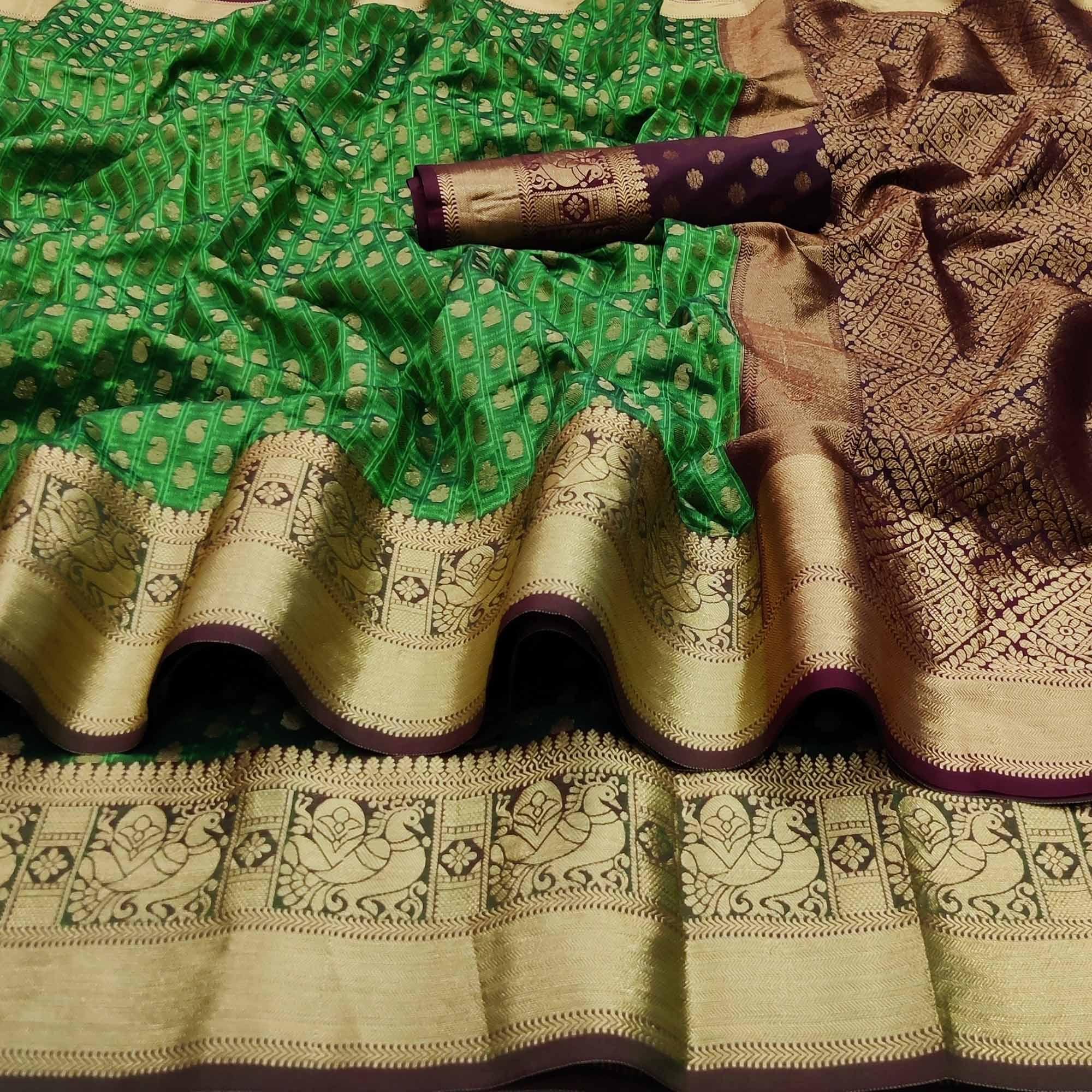 Green Festive Wear Woven Silk Saree With Jacquard Border - Peachmode