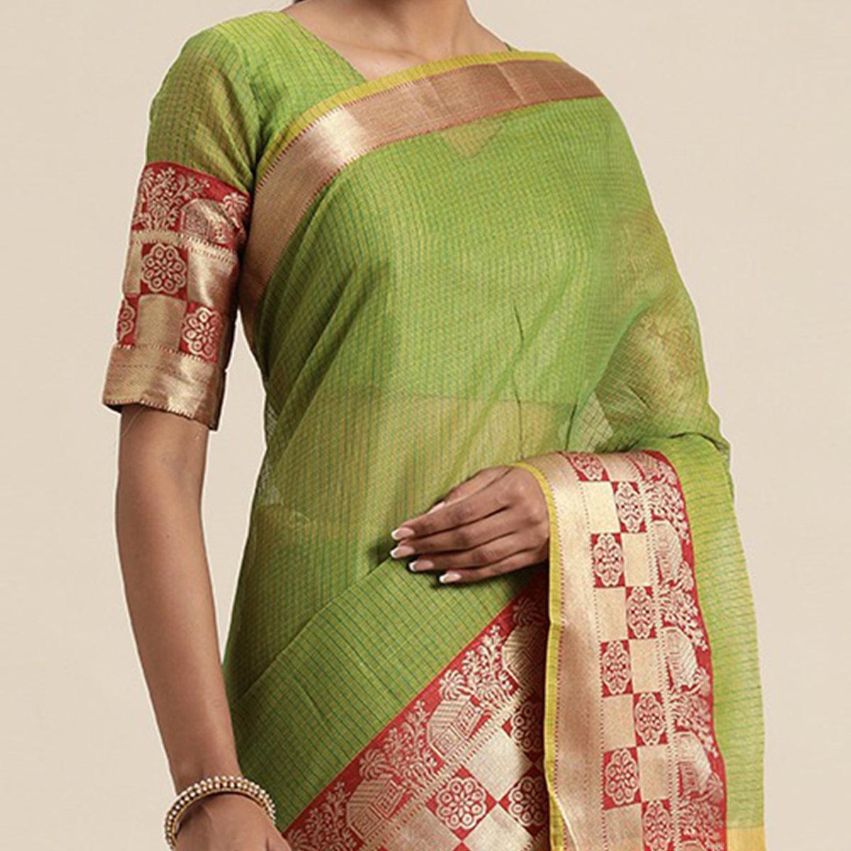 Green Festive Wear Woven Silk Saree With Jacquard Border - Peachmode