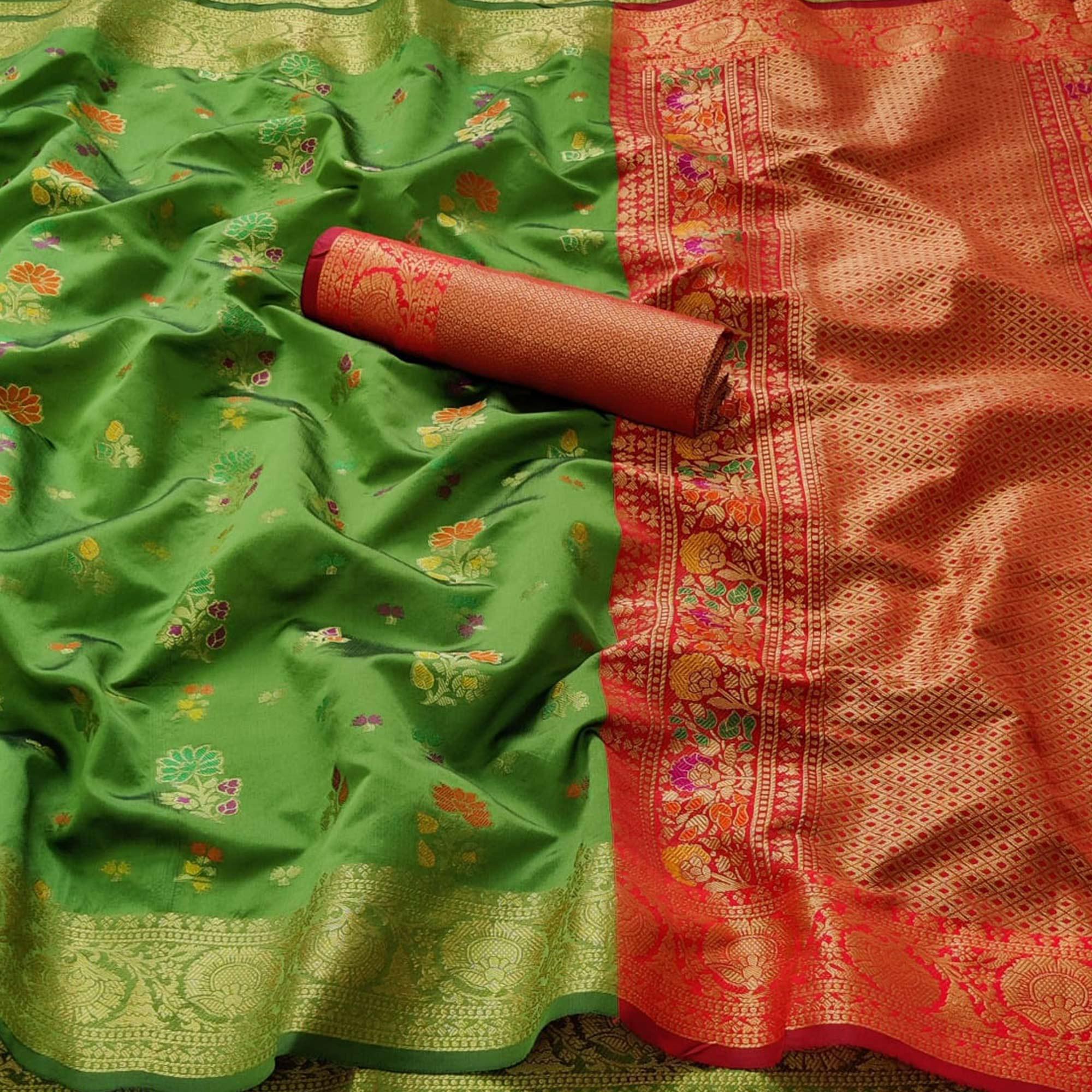 Green Festive Wear Woven Silk Saree With Meena Butta Pallu - Peachmode