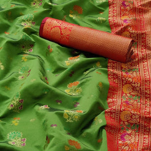 Green Festive Wear Woven Silk Saree With Meena Butta Pallu - Peachmode