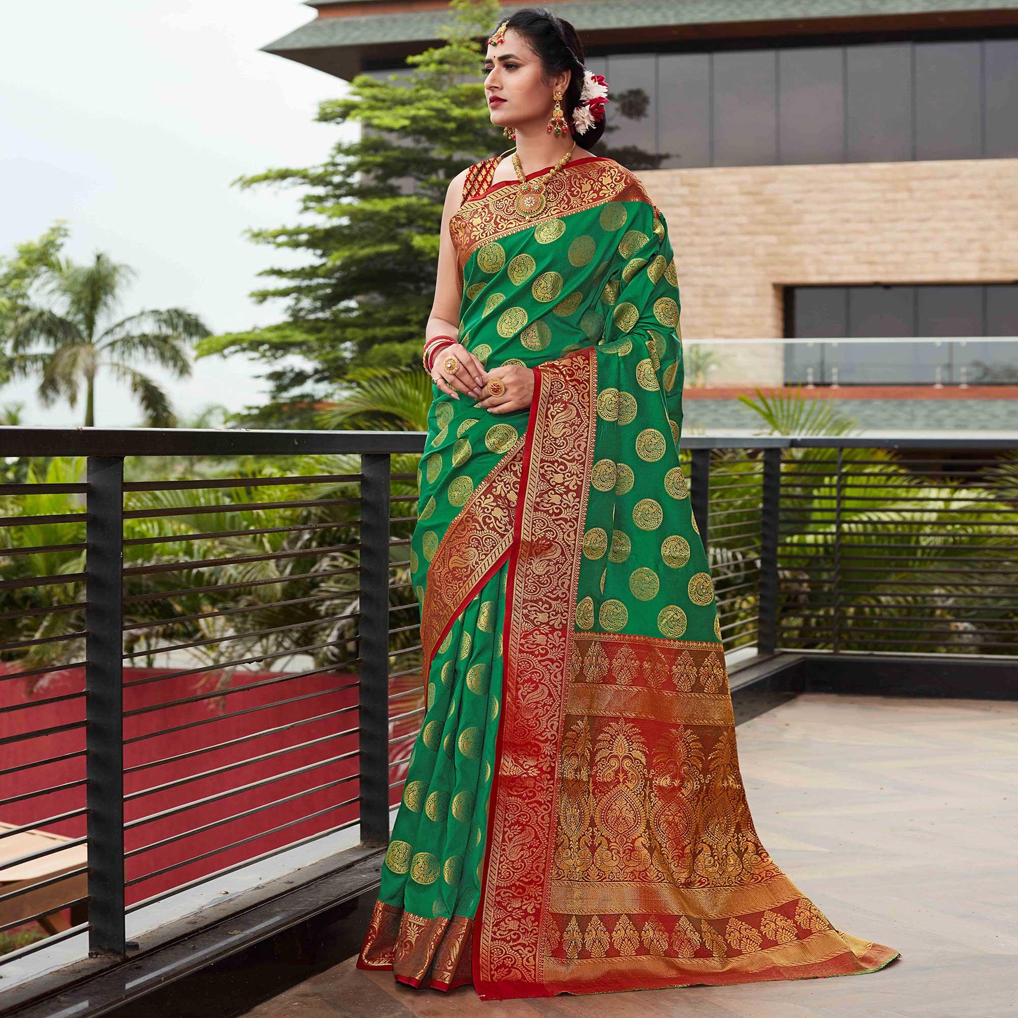 Green Festive Wear Woven Silk Saree With Meena Butta Rich Pallu - Peachmode