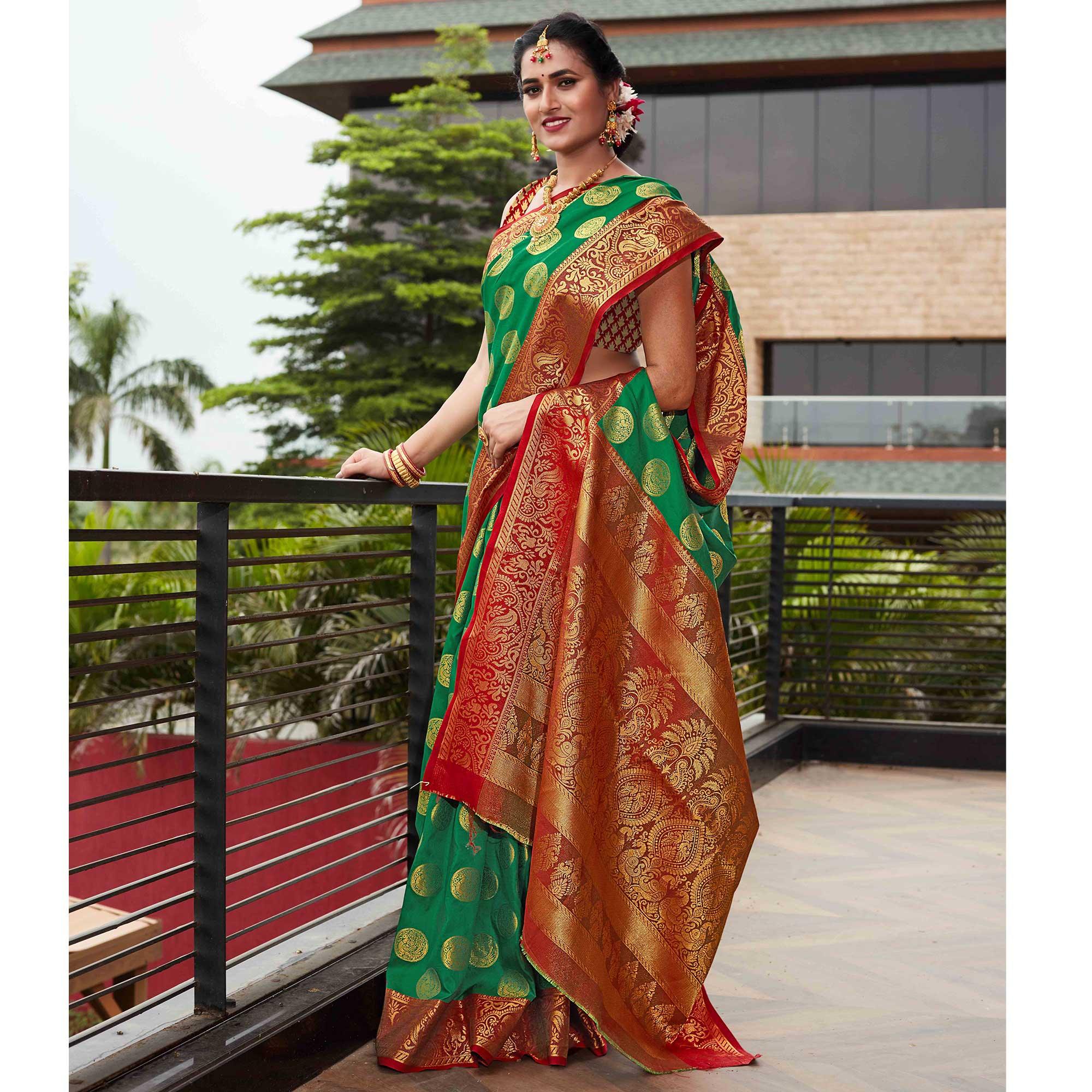 Green Festive Wear Woven Silk Saree With Meena Butta Rich Pallu - Peachmode