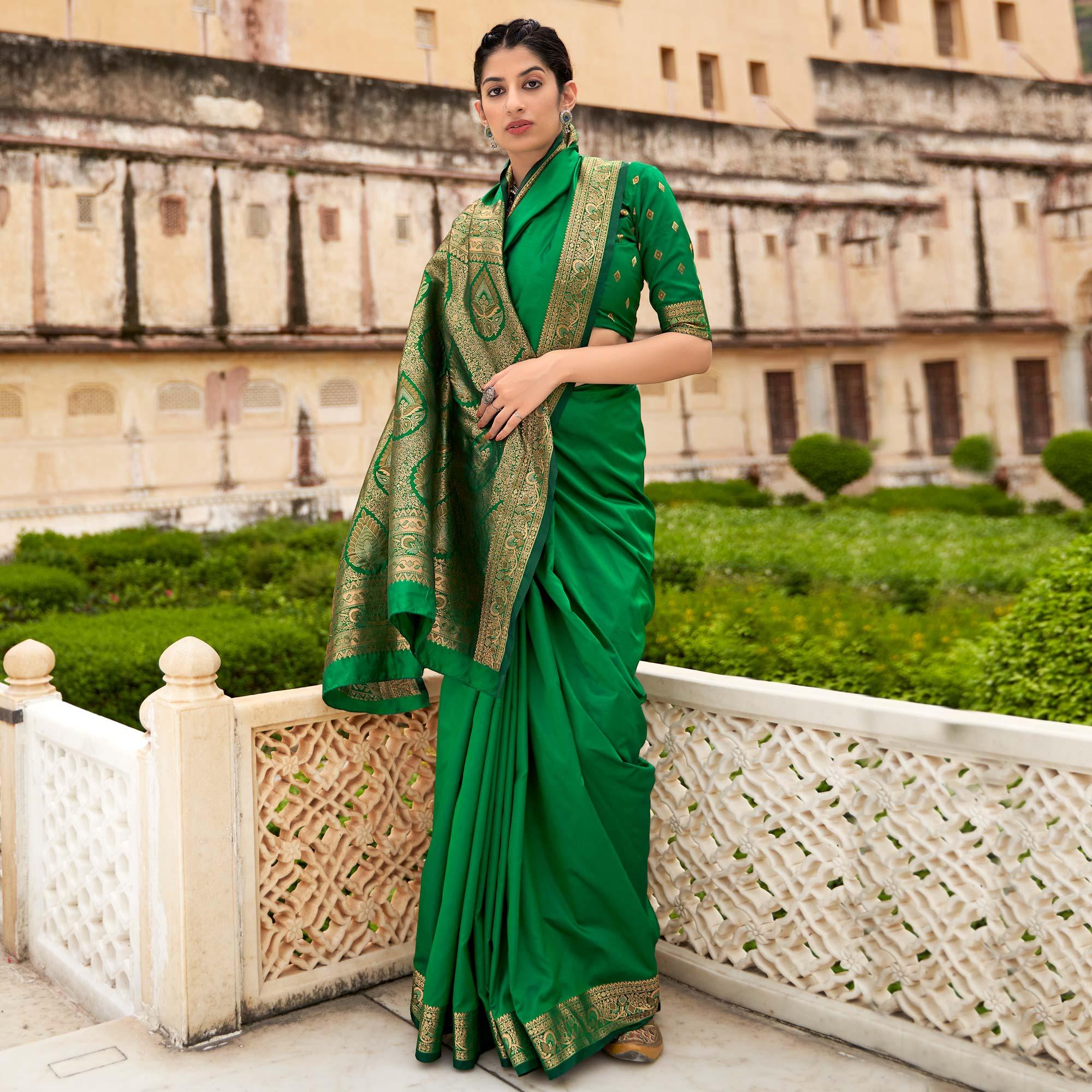 Green Festive Wear Woven Soft Banarasi Silk Saree - Peachmode