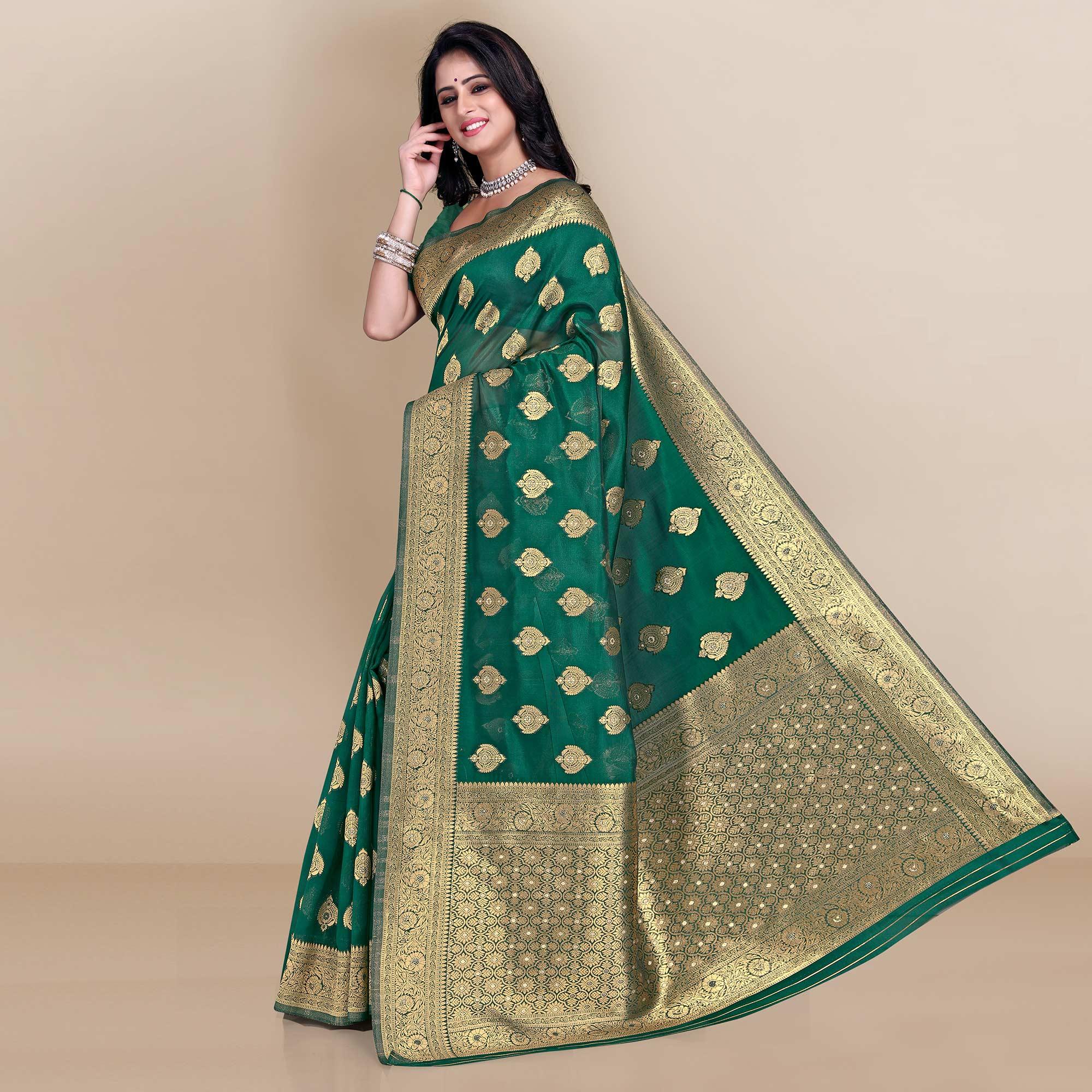 Green Festive Wear Woven Soft Banarasi Silk Saree - Peachmode