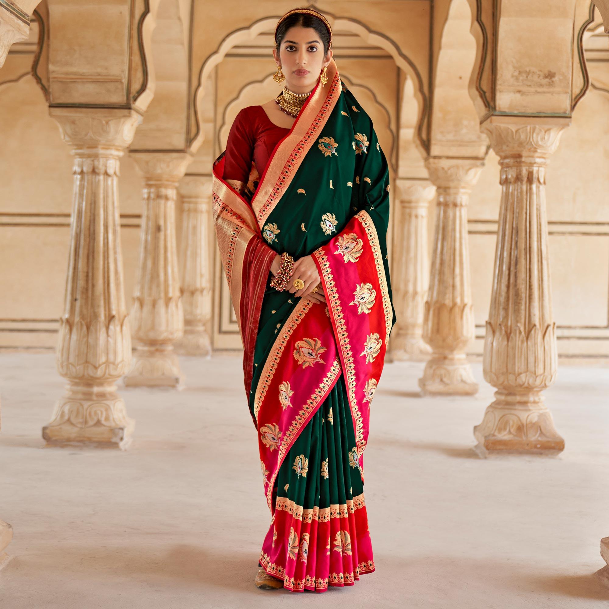 Green Festive Wear Woven Soft Banarasi Silk Saree - Peachmode