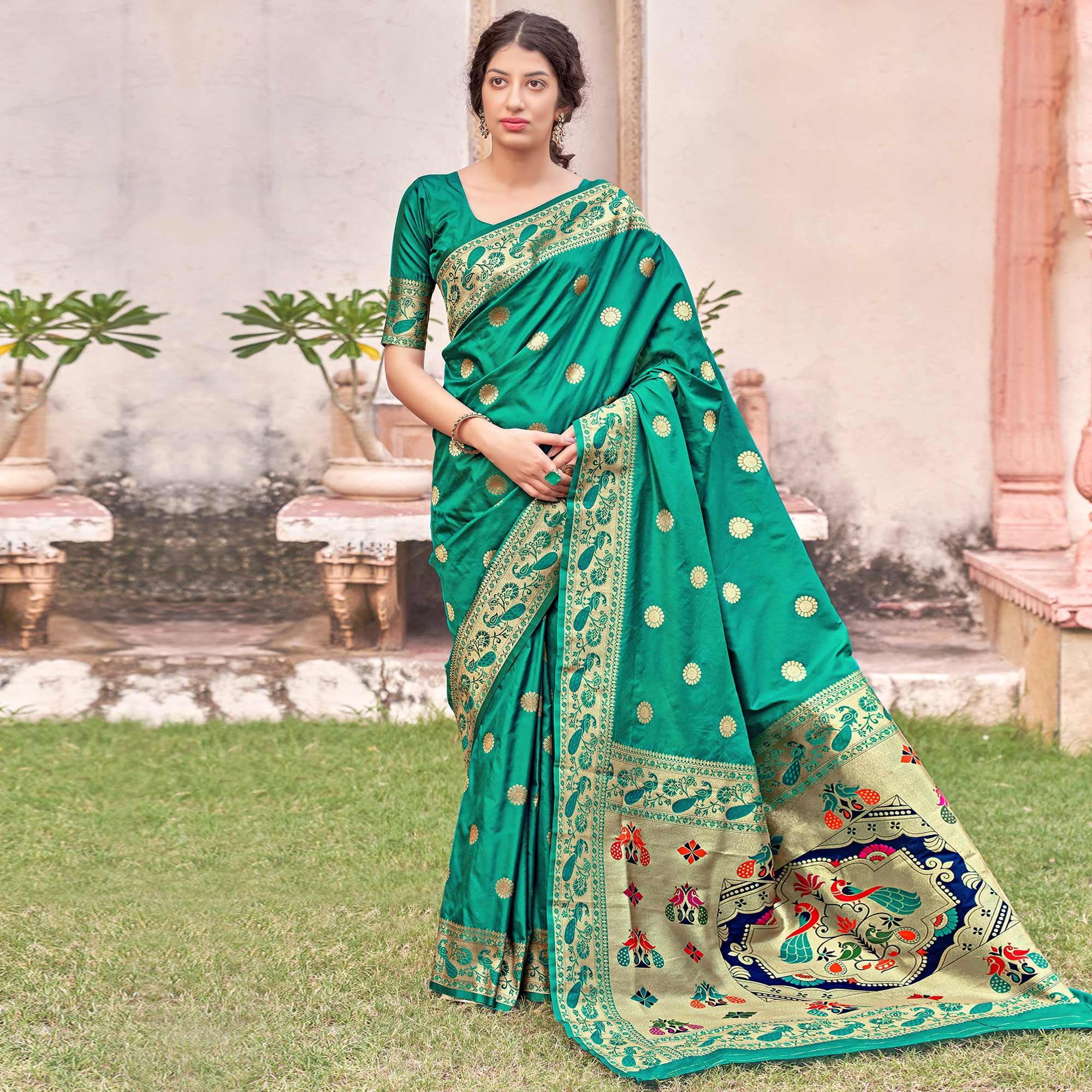 Green Festive Wear Woven Soft Banarasi Silk Saree - Peachmode