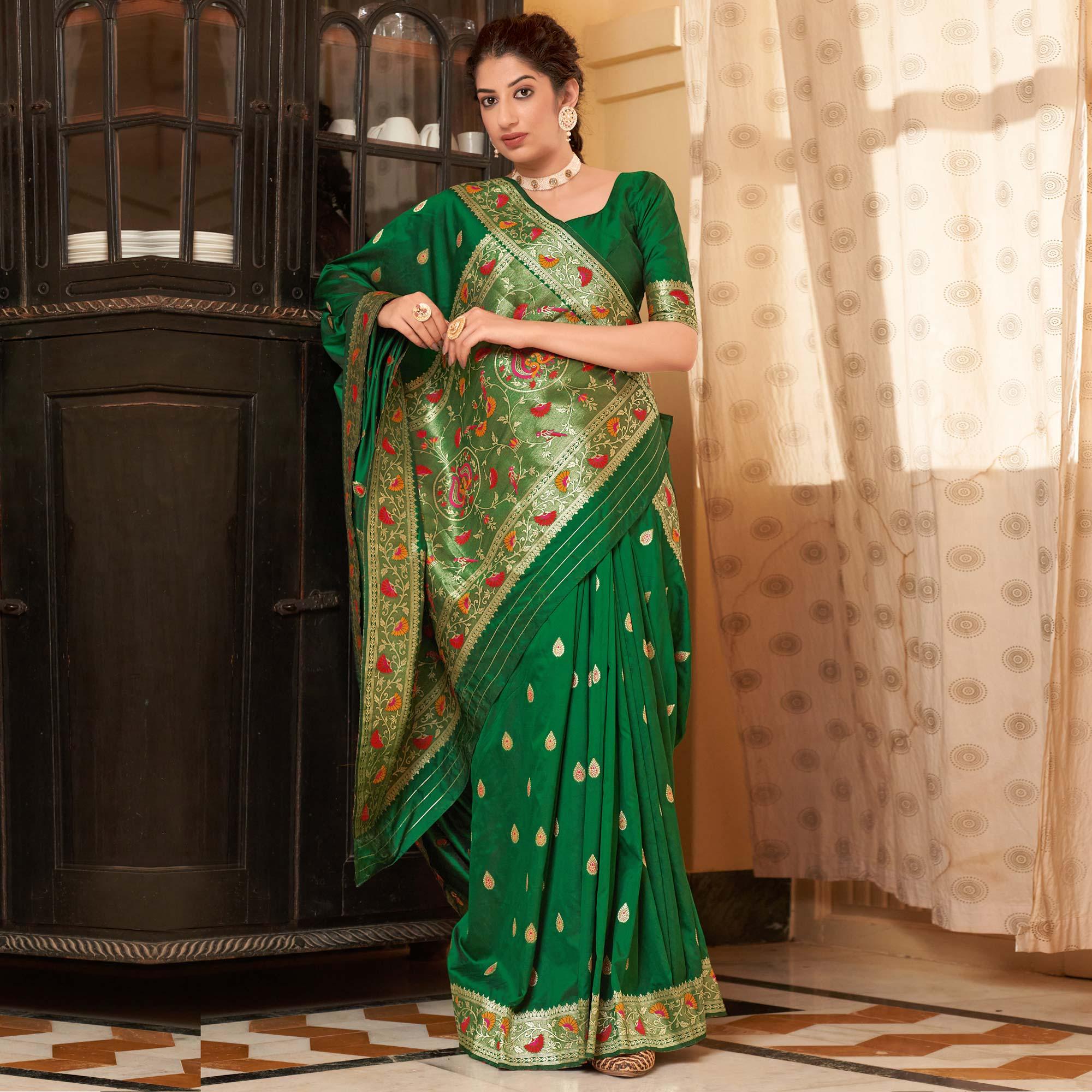 Green Festive Wear Woven Soft Banarasi Silk Saree - Peachmode