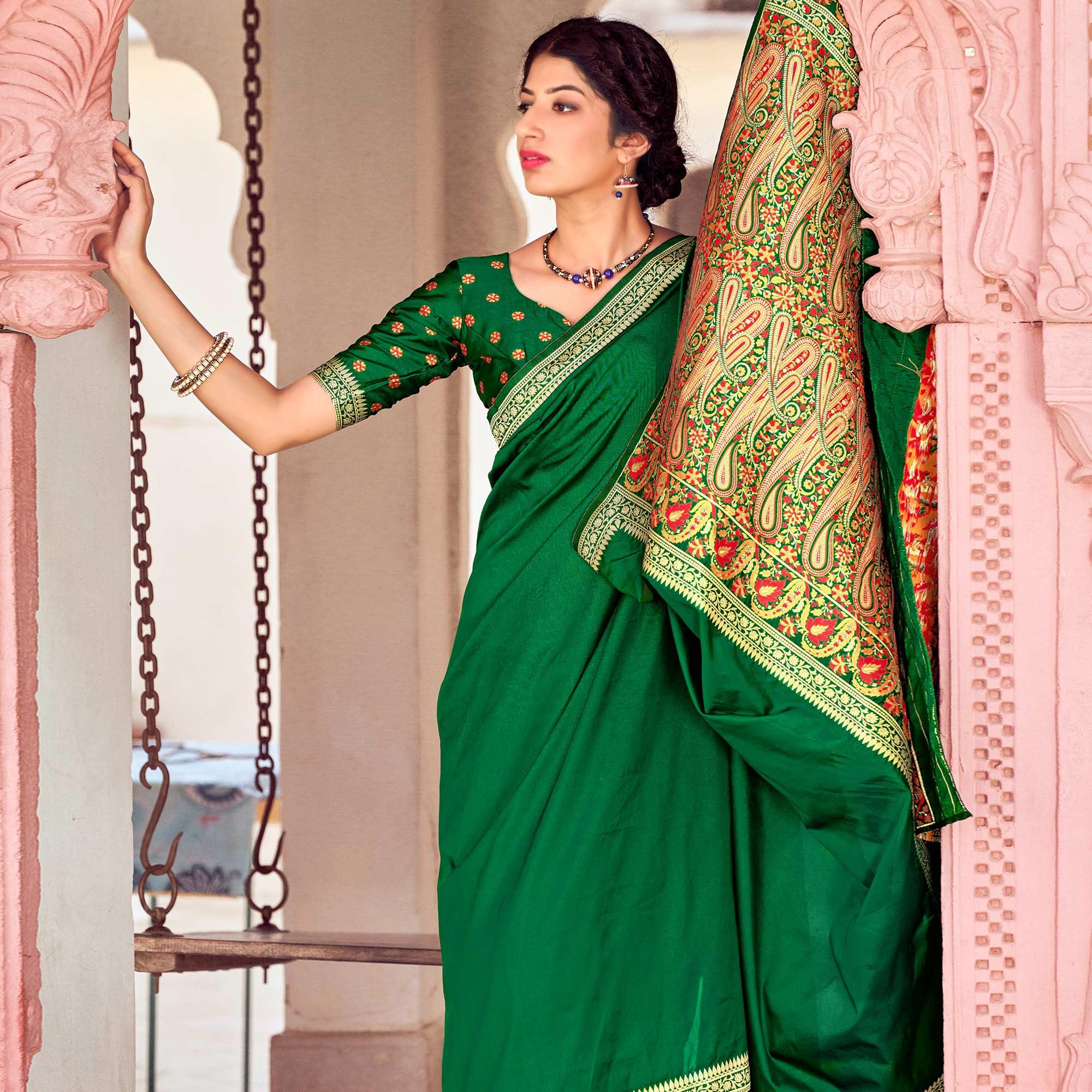 Green Festive Wear Woven Soft Banarasi Silk Saree - Peachmode