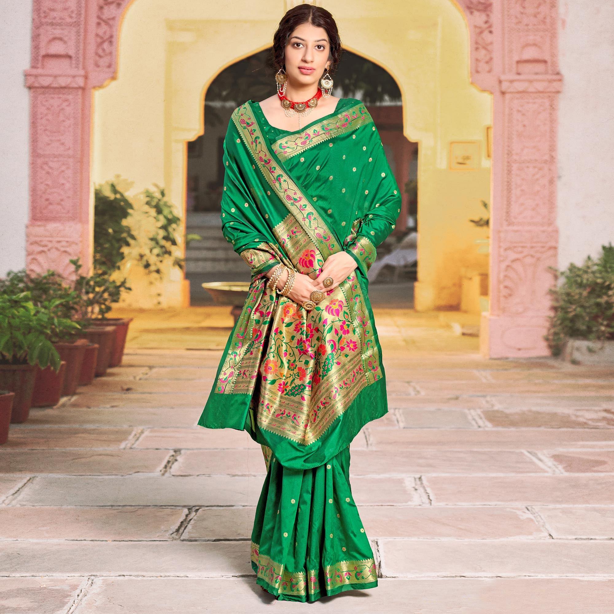 Green Festive Wear Woven Soft Banarasi Silk Saree - Peachmode
