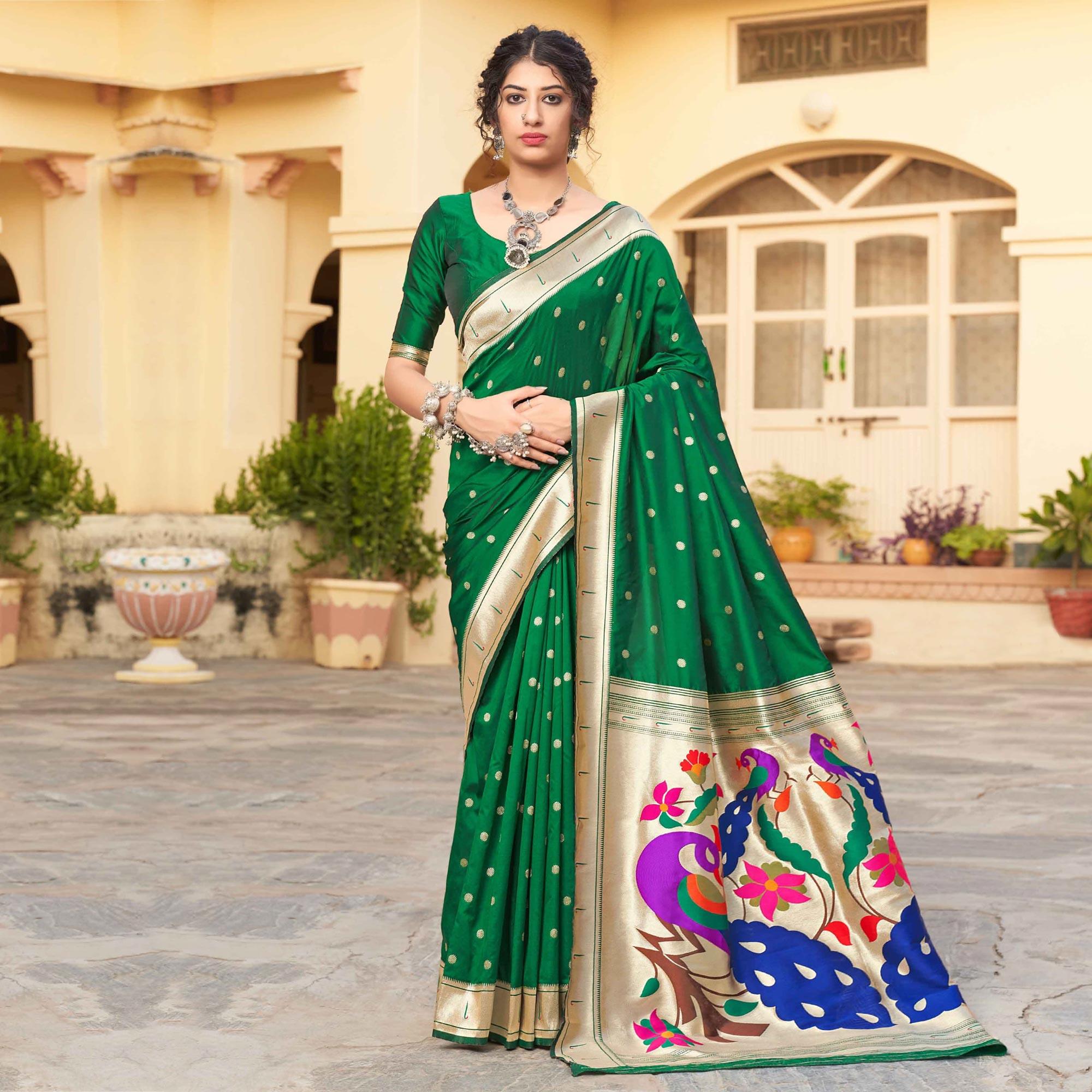 Green Festive Wear Woven Soft Banarasi Silk Saree - Peachmode