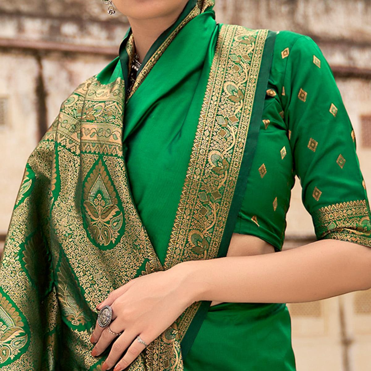 Green Festive Wear Woven Soft Banarasi Silk Saree - Peachmode