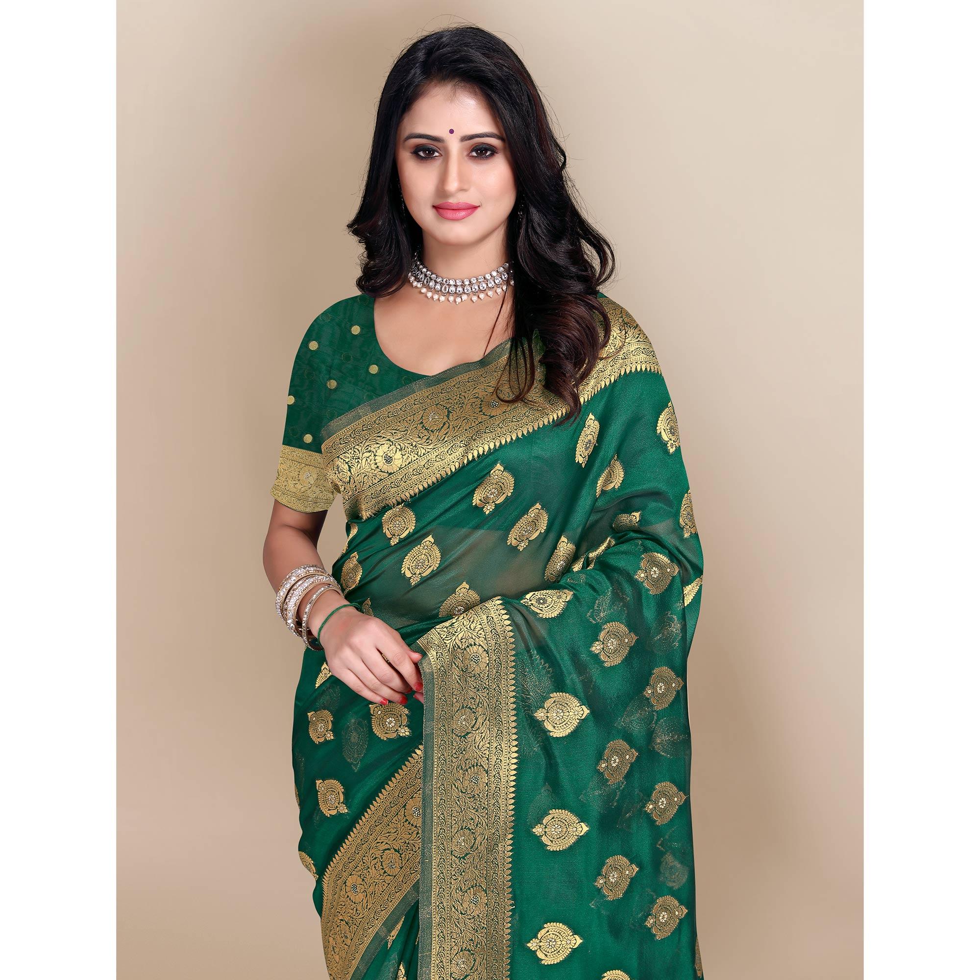 Green Festive Wear Woven Soft Banarasi Silk Saree - Peachmode